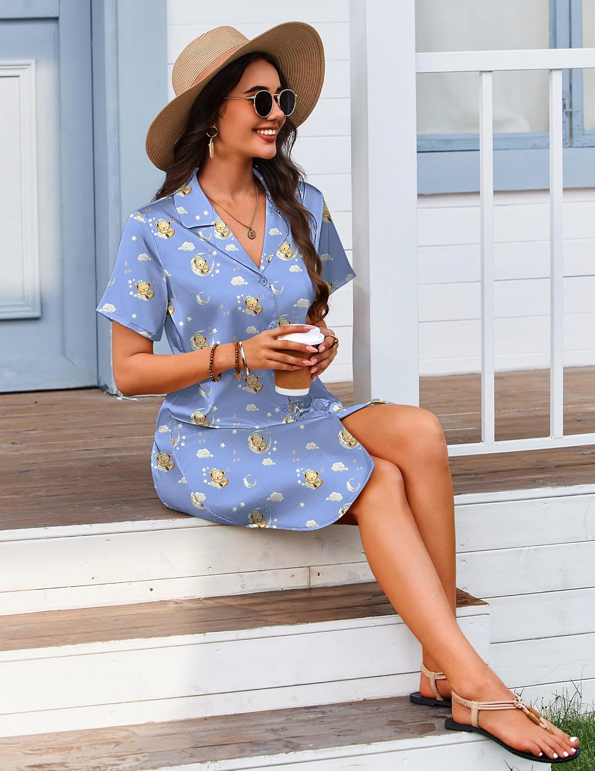 Ekouaer Women's Sleepshirts Satin Silk Nightgown Short Sleeve Sleepwear Casual Print Sleepdress Boyfriend Pajamas Nightshirt - Image 5