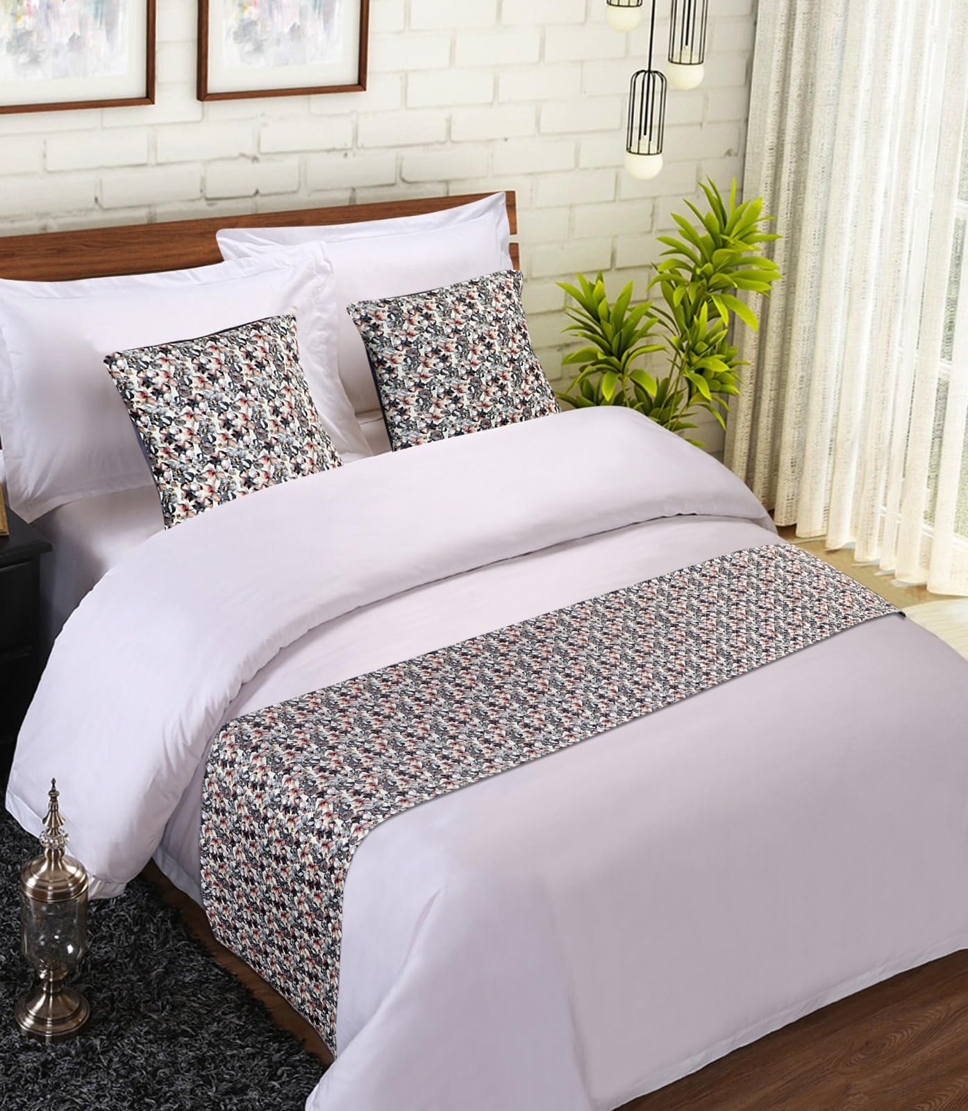 King Size Bed Runner with Cushion Cover Set, 3 Pieces, for Hotels and Homes, Runner 18x90 inches, Cushion 16x16 inches (Print: 08)-image-12