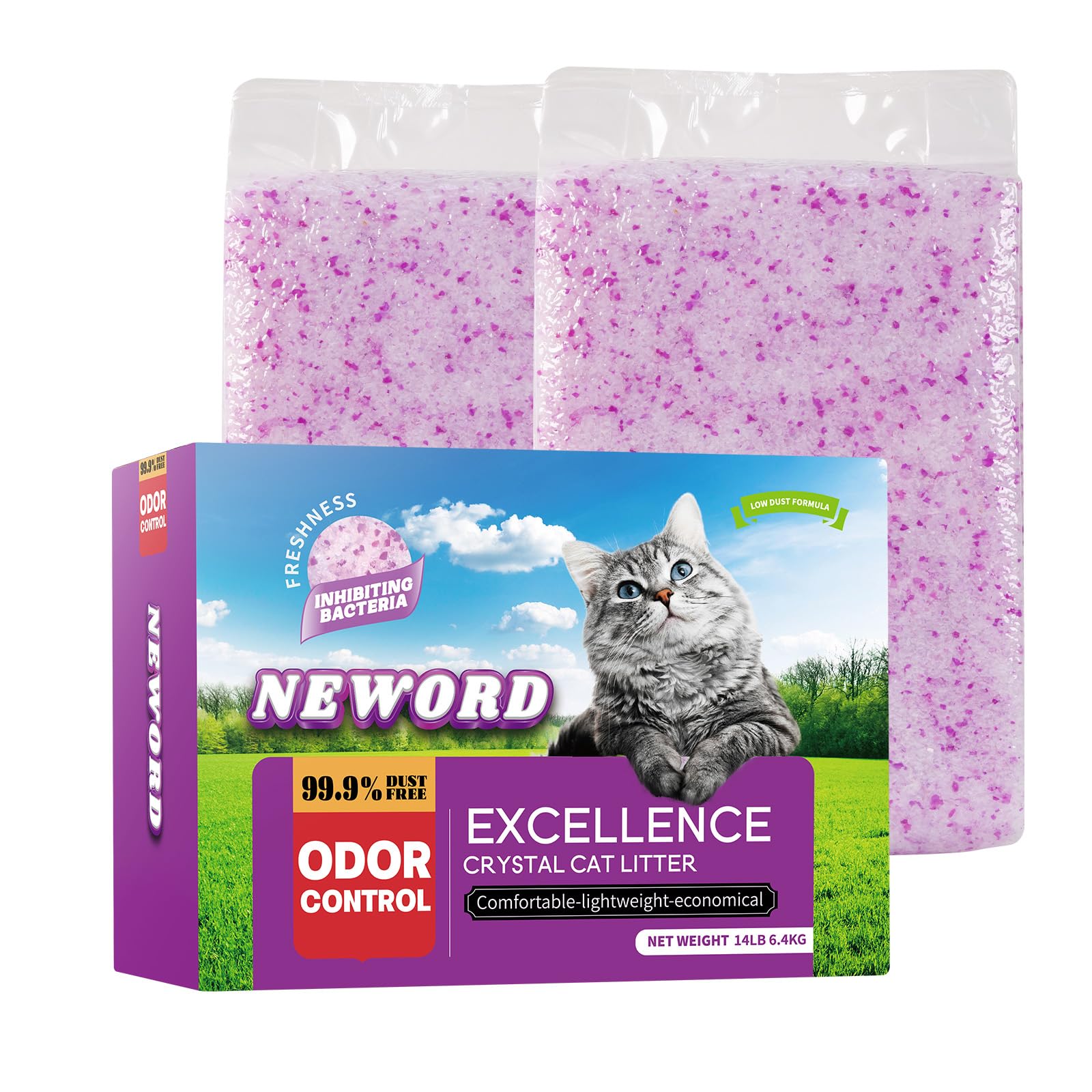 NEWORD Crystals Żwirek dla kotów, lekko pachnący żwir, doskonała kontrola zapachu, łącznie 6,4 kg (2 opakowania worków 3,2 kg) miękkie w łapach, niski poziom śledzenia, bezpyłowy fioletowy żel