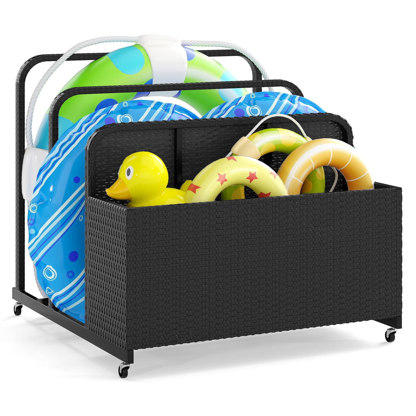 GOPLUS Coffre de Jardin Exterieur avec Roues, Rotin PE, Charge 30 KG, Noir