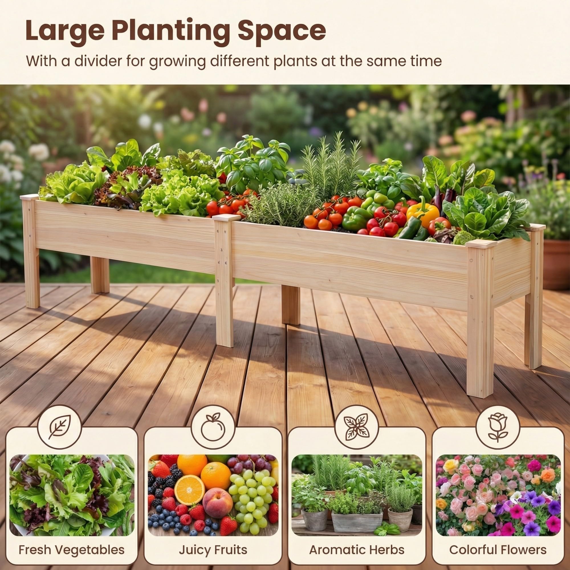 HOMASIS Jardinière Surélevée avec Étagère, Bac à Plantes en Bois de Sapin avec Trou de Drainage, Parterre de Fleurs Surélevé pour Jardin, Balcon, Terrasse (Naturel, 240 x 43,5 x 51,5 cm)