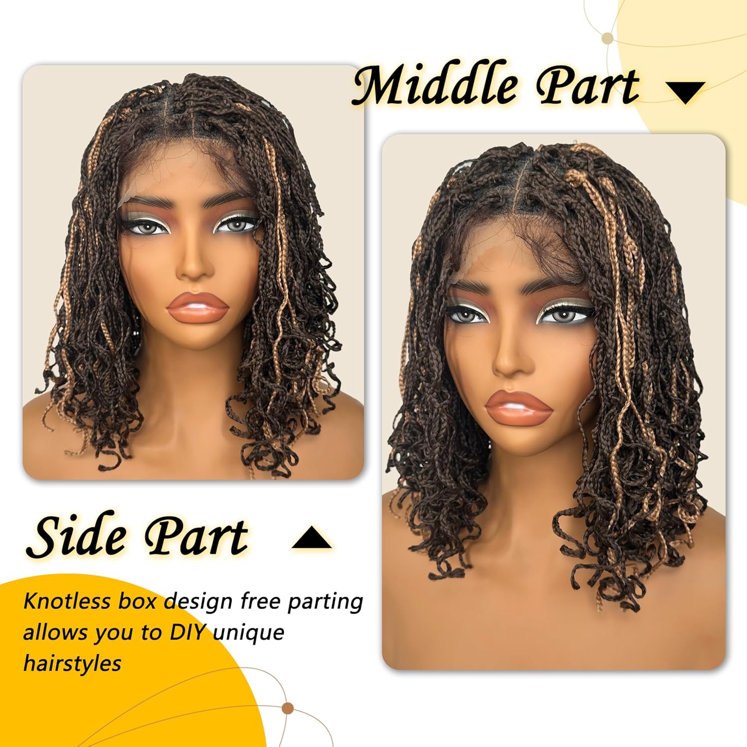 SOKU Braided Wigs for Black Women, 13 Inch Mini Twist Short Braided Wig 4x4 Lace Frontal Box Braid Wig Blonde Highlights Curly Braids Glueless Wigs for Daily Wearing