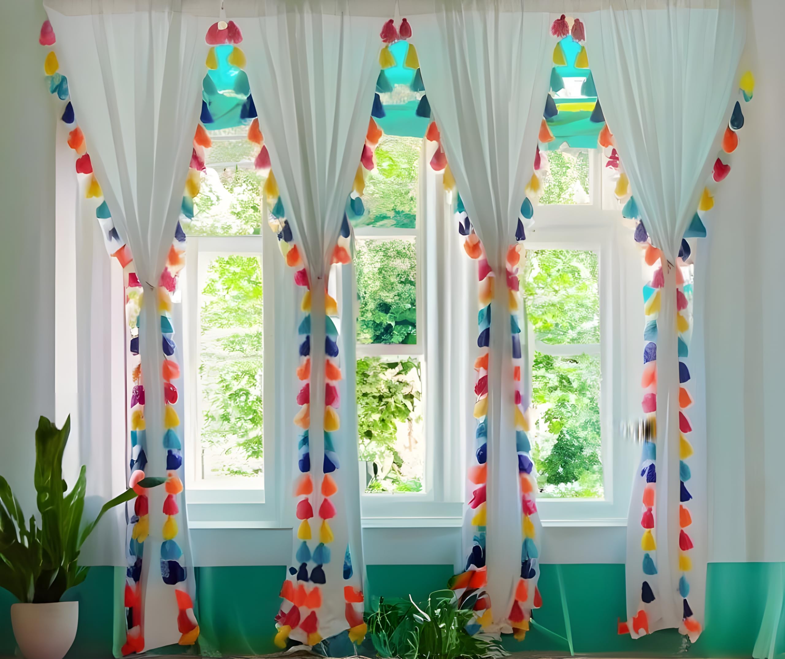 NYSARG Cotton Curtain with Multicolour Tassels, Light Filtering Door and Window Eyelet Curtain, Living Room, Bedroom, Kids Room,one Unit (White, 5 Feet) 60 * 42inch-image-5