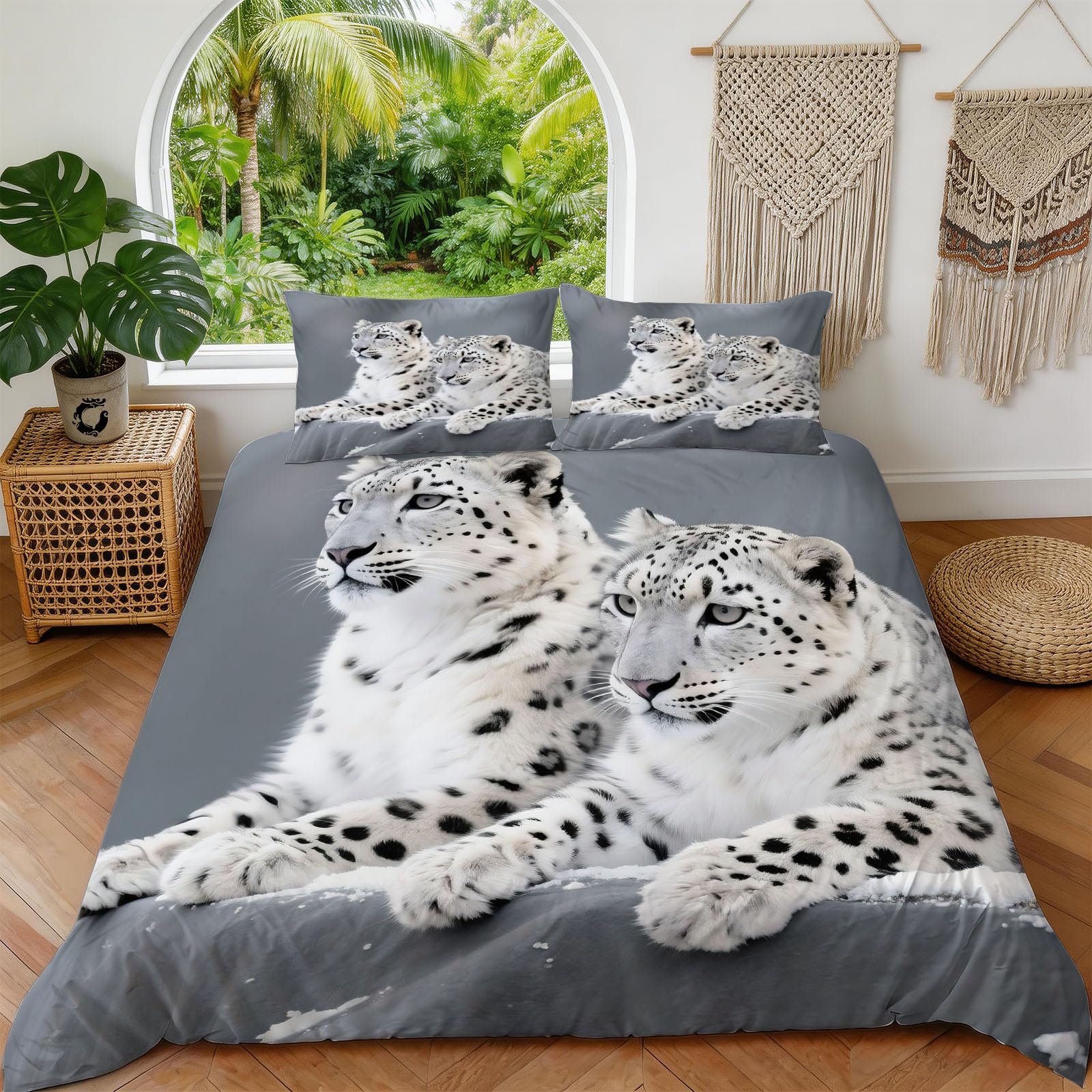 Bettwäsche 155x220 Schneeleopard Muster, Winter Weiche Mikrofaser 3D Naturmotiv Wendebettwäsche Set, Bettzeug mit 2 Kissenbezug, Bettwäsche Set Für Erwachsene
