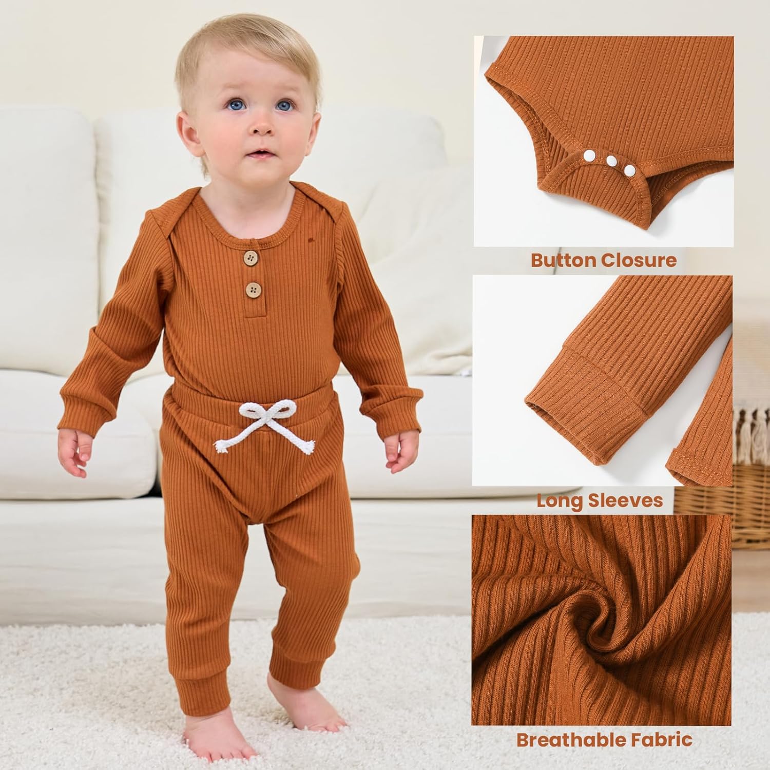 3PC Infant Baby Boys Romper Solid Ribbed Knitted Long Sleeve Long Pants and Hat Sets for Newborn Coming Home Outfit - Image 6