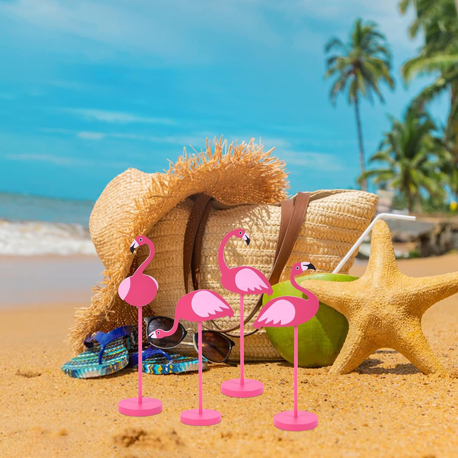 4Pcs Flamingo Wood Tall Standing Block Set Summer Pool Beach Decor | Pink Flamingo Table Sign Tropical Bird Table Centerpieces Toppers for Home Office Desk Tier Tray Decor Party Supplies