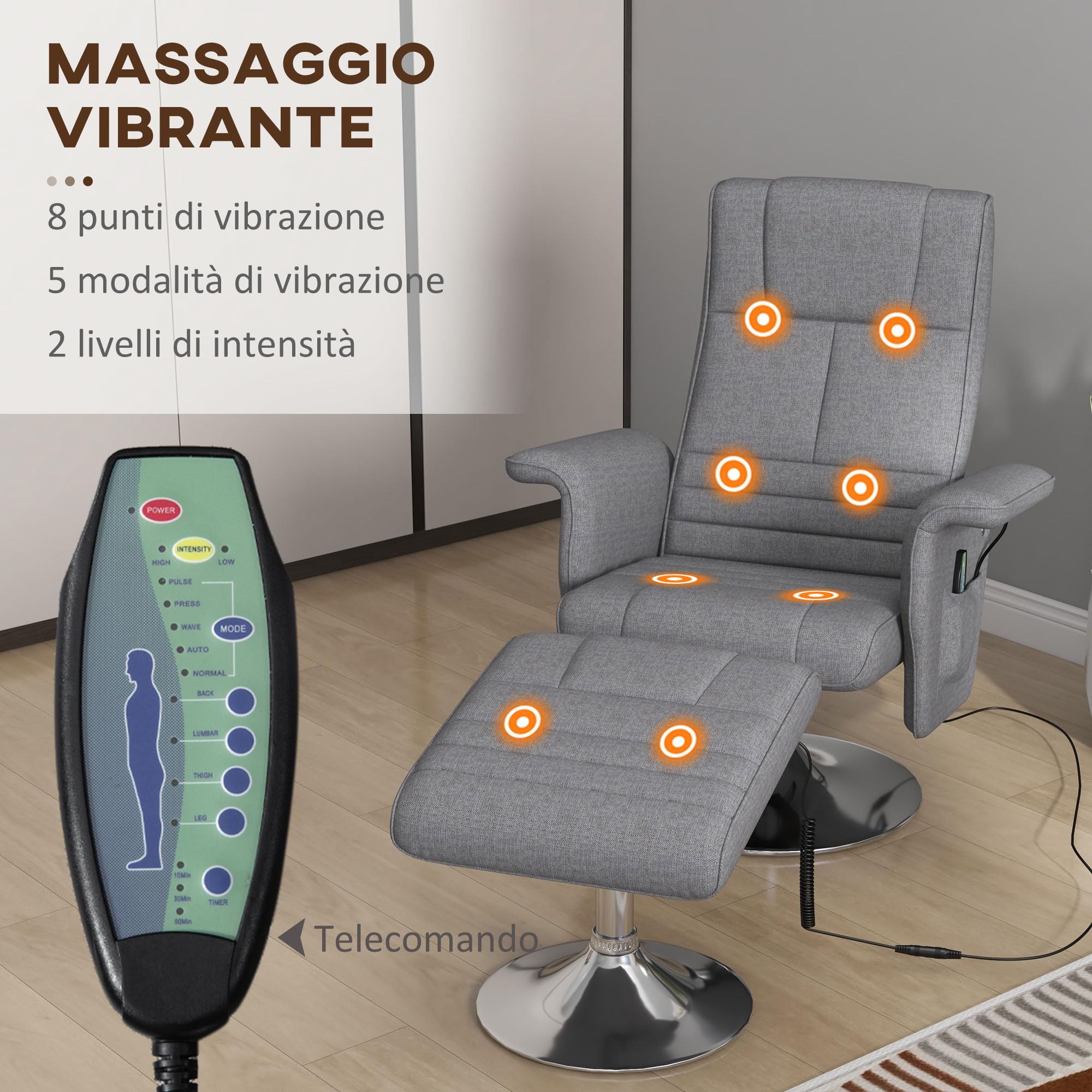 Fauteuil Relax Massant - HOMCOM - Avec Pouf - Siège Pivotant à 360