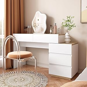 Tocador con 5 cajones, 5 escritorios universales, tocador de aglomerado, función de almacenamiento para dormitorio, sala de estar, oficina, taburete, muebles de dormitorio, habitación juvenil,