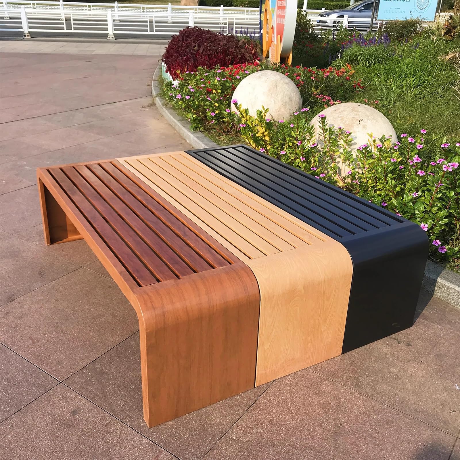 Gartenbänke, Holzbank, Terrassenbank Ohne Rückenlehne, Wetterfeste Parkbänke, Metallrahmen, Geeignet for Gärten, Veranden, Terrassen(Brown,100cm/39in)