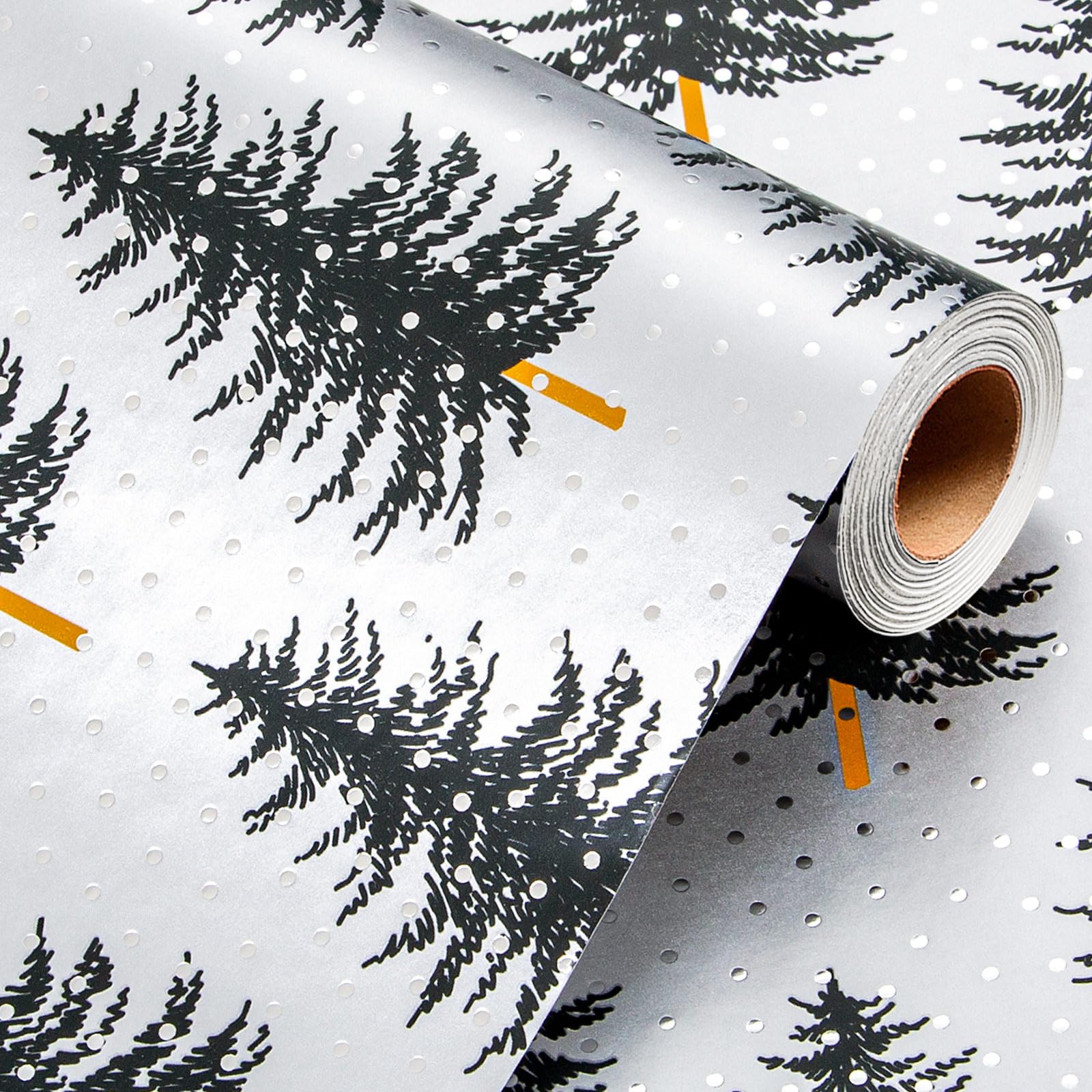Wikadlik Christmas Wrapping Paper - Mini Roll - Christmas Trees Pattern Elegant Silver Gift Wrap for Winter Holiday Festive Celebration - 43cm x 10m
