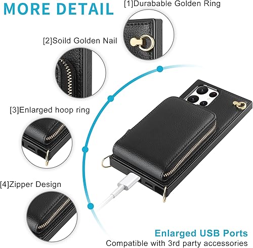 Miniatura 7 de JAKPAK Funda para Samsung Galaxy S22 Ultra 5G, con cremallera, de piel, con ranuras para tarjetas, funda protectora con cordón, compatible con