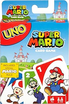 Mattel Games UNO Super Mario Card Game للأطفال والكبار والعائلات وليالي الألعاب، سطح السفينة ذو الطابع الخاص والقاعدة الخاصة لعدد 2 إلى 10 لاعبين