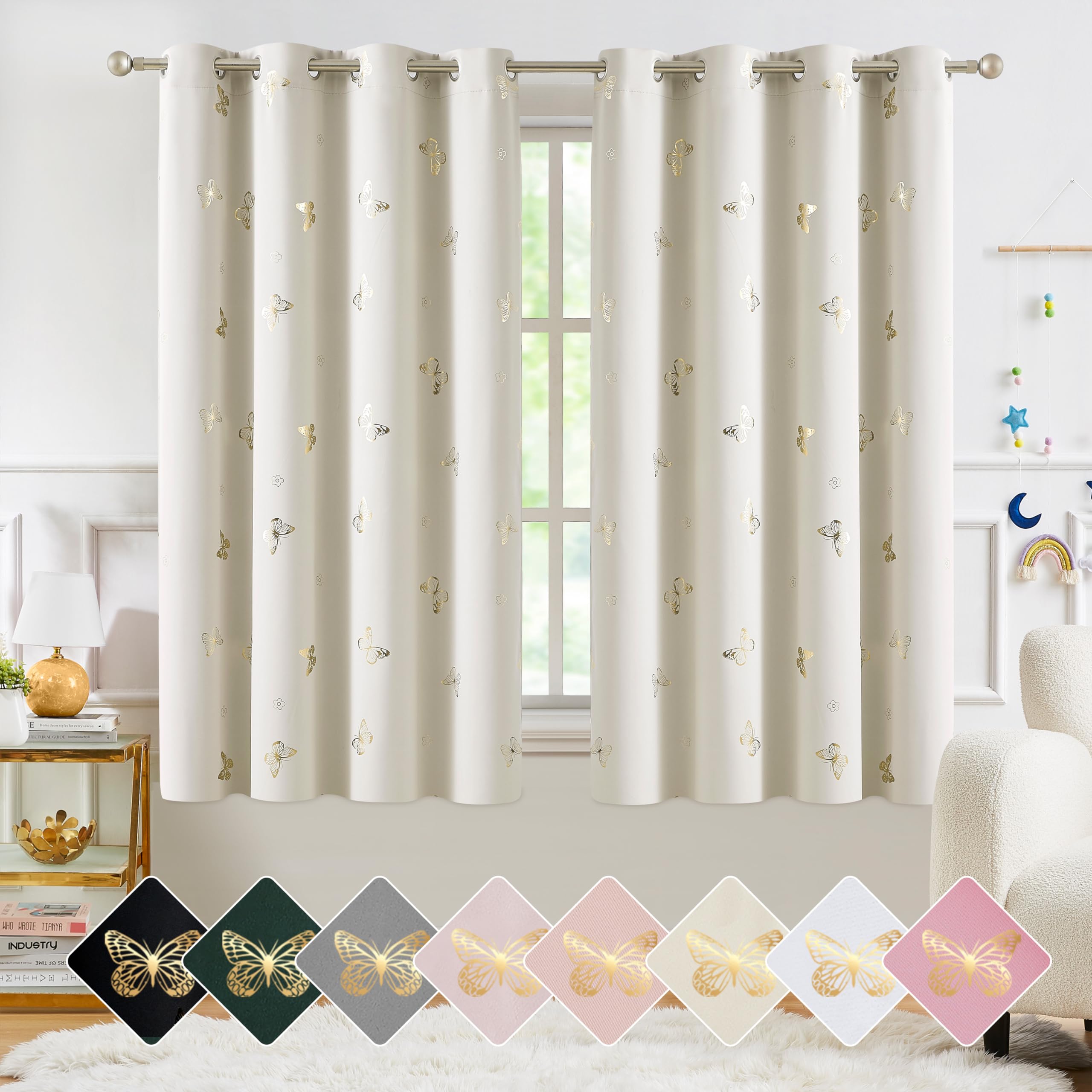 Jubilantex Butterfly Blackout Curtains 54" Long for Kids Bedroom, Beige and Gold Print Floral Butterfly Curtains with Black Layer Room Darkening Grommet Window Drapes for Bedroom Girls Room,52x54