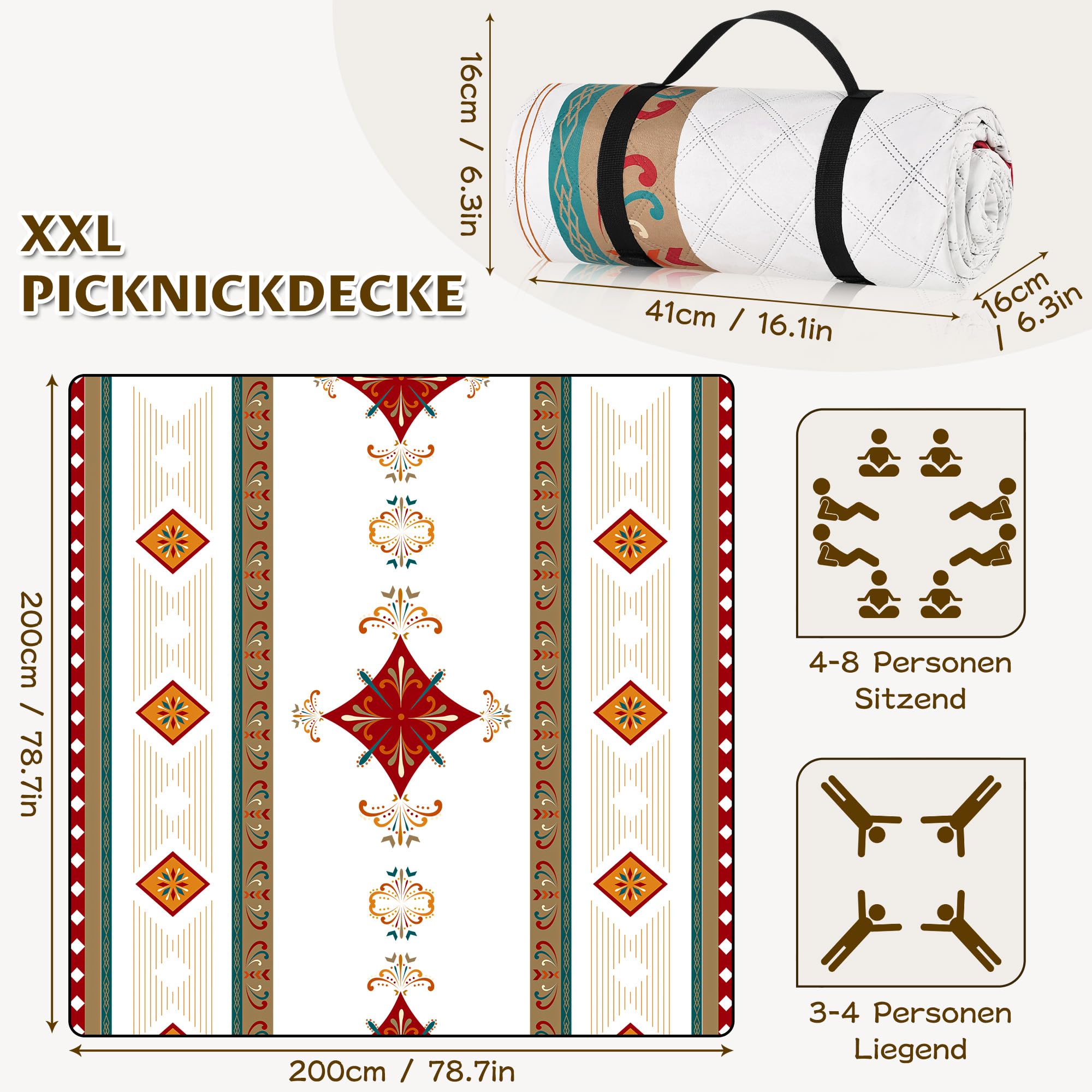 Coperta Picnic Impermeabile 200x200cm Lavabile in Lavatrice (Rosso)