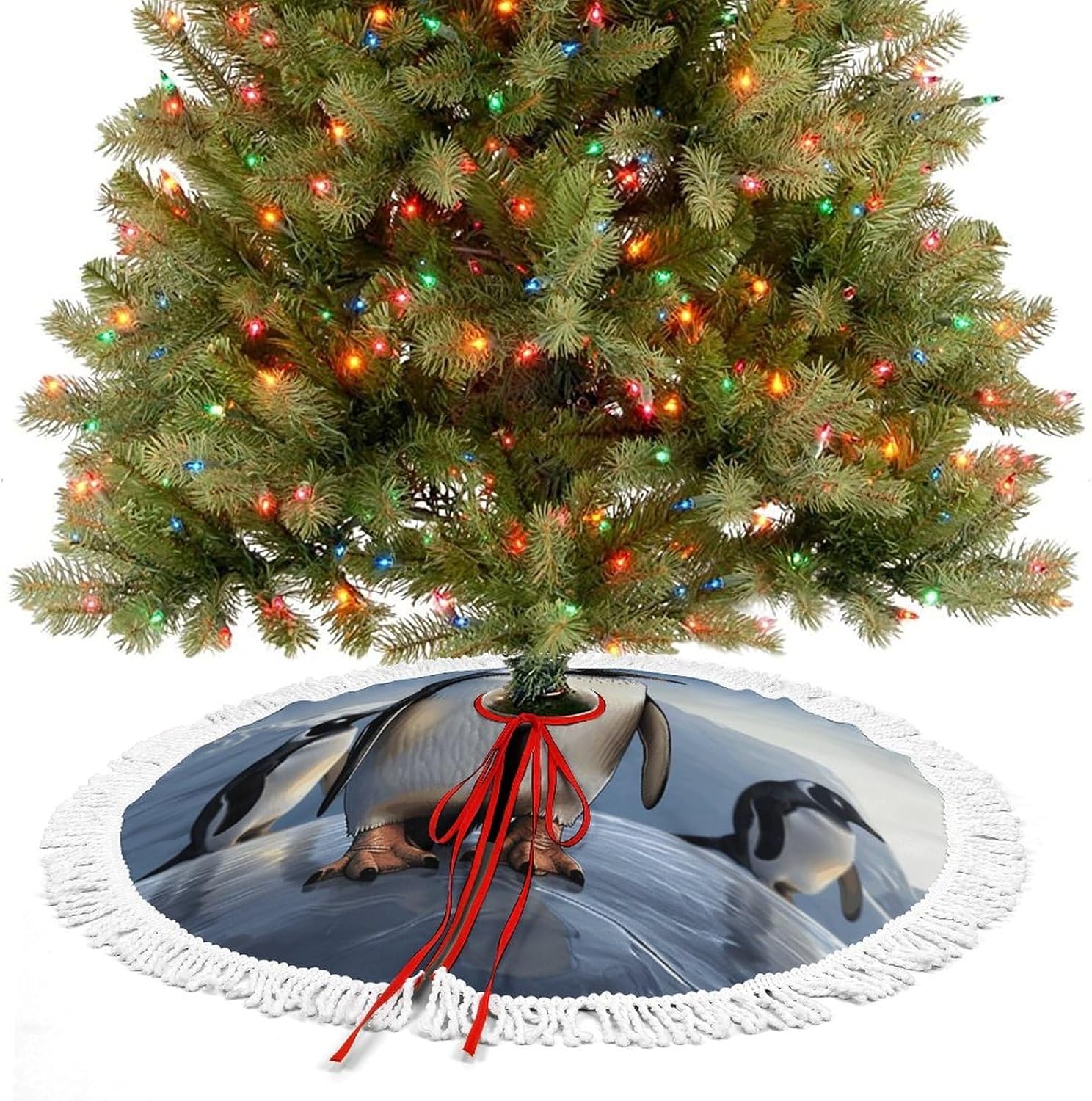 Penguin Printed Christmas Tree Skirt, Multiple Sizes, Suitable for Christmas Party Christmas Tree Decorations, Holiday Indoor and Outdoor Decorations