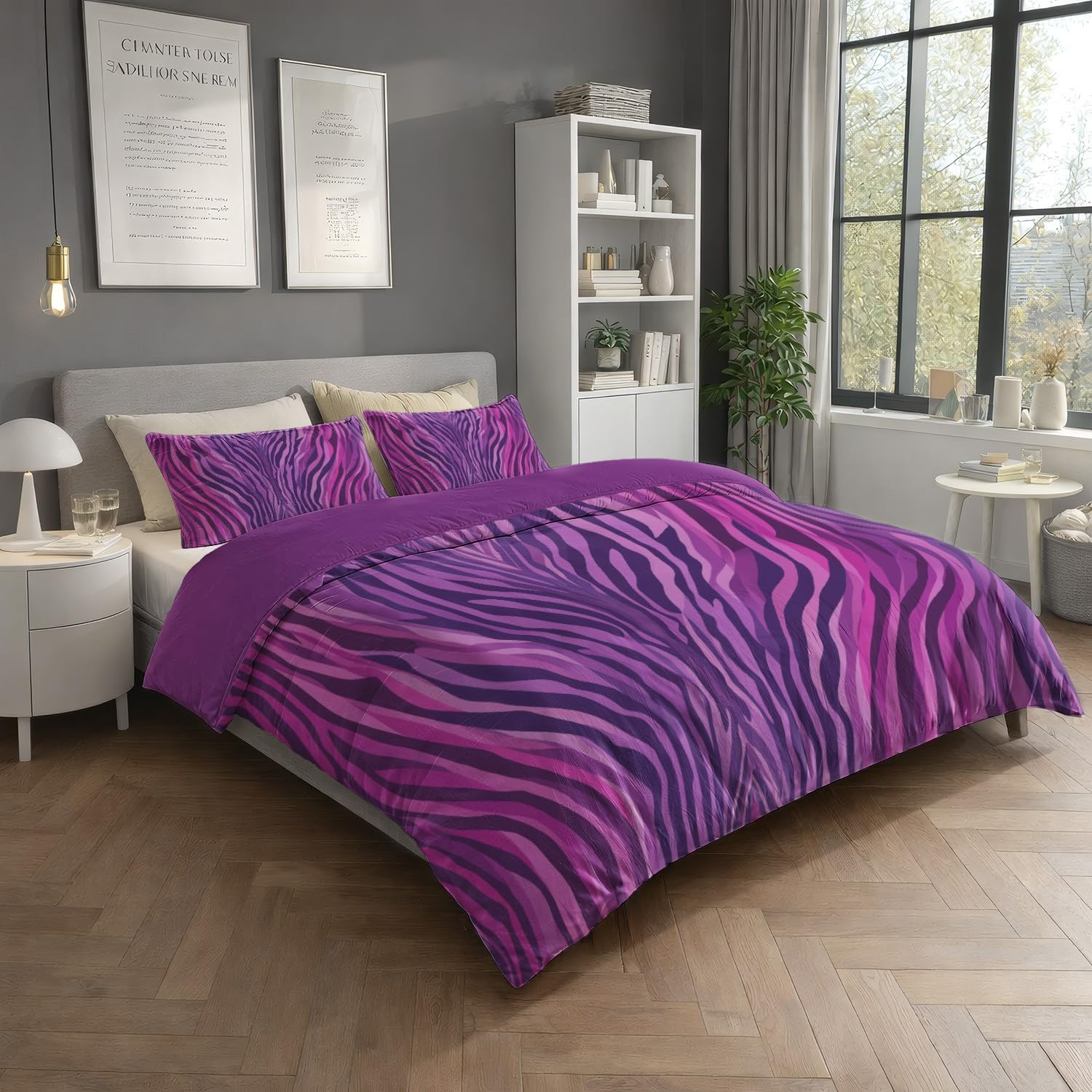 Generic Zestaw poszewek na kołdrę, elegancki, symetryczny nadruk zebry, super king, 293 x 236 cm, fioletowy abstrakcyjny zestaw pościeli 3-częściowy, miękka poszewka na kołdrę z mikrofibry dla dzieci