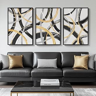 Cuspin Large Framed Black & White Abstract Wall Art, 3 Piece Canvas Art Prints, Modern Wall Paintings, Black Gold Circle Pictures, 36" H x 72" W, Living Room, Office Wall Decor