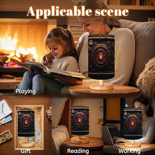 Miniatura 4 de Bedside Table Lamp Antique Vintage Rusty Steampunk Industrial Gear Metal Clock Old Dimmable Desk Lamp with Flaxen Fabric Shade Wood Base Nightstand