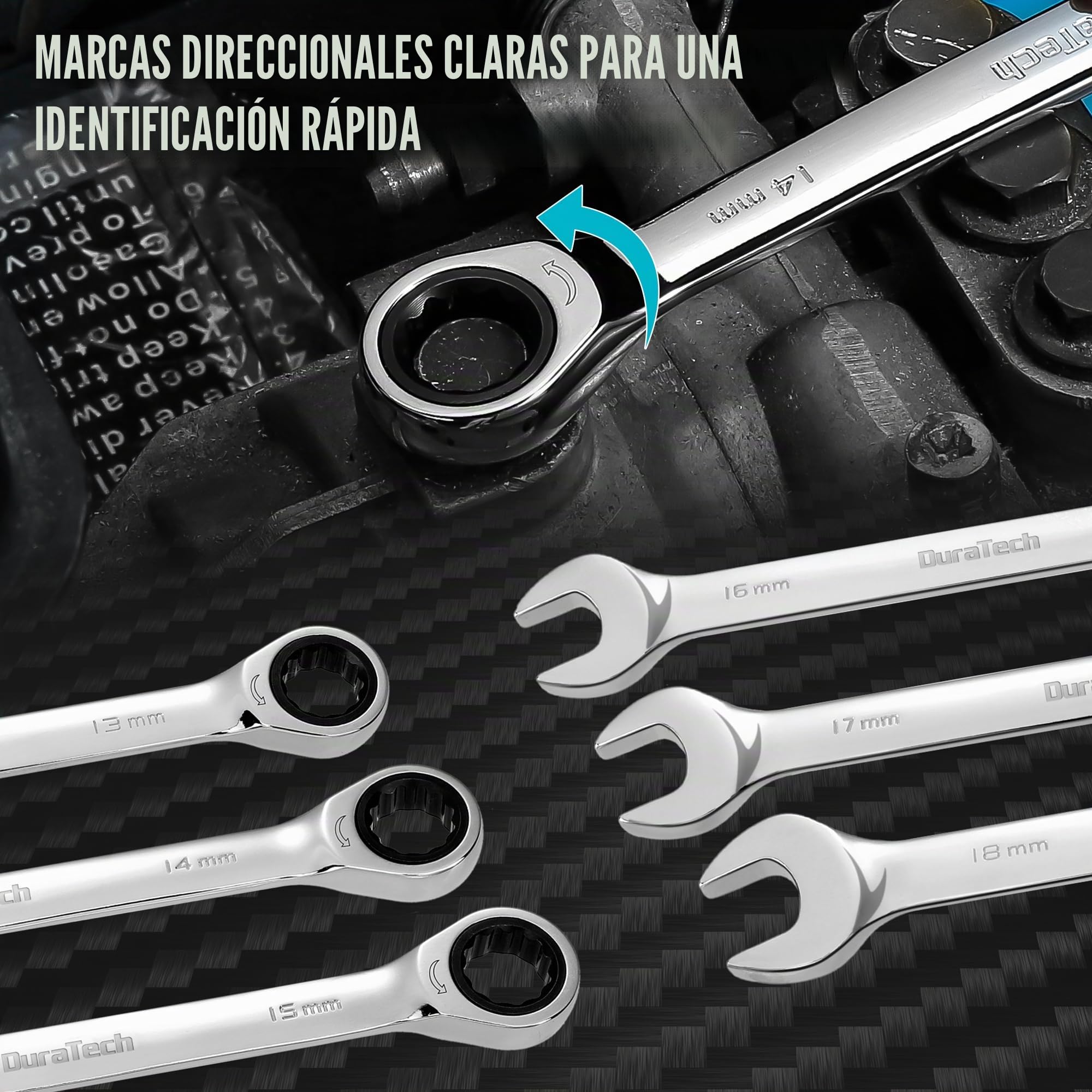 DURATECH Juego de Llaves Combinadas de Carraca de 12 Piezas, Juego de Llaves de Carraca de Cabeza Fija y Extremo Abierto, Métrico, de 8 a 19 mm, de Acero Cr-v, Organizado en Estuche de Almacenamiento | 72 dientes, acero CR-V, organizado en caja de almacen