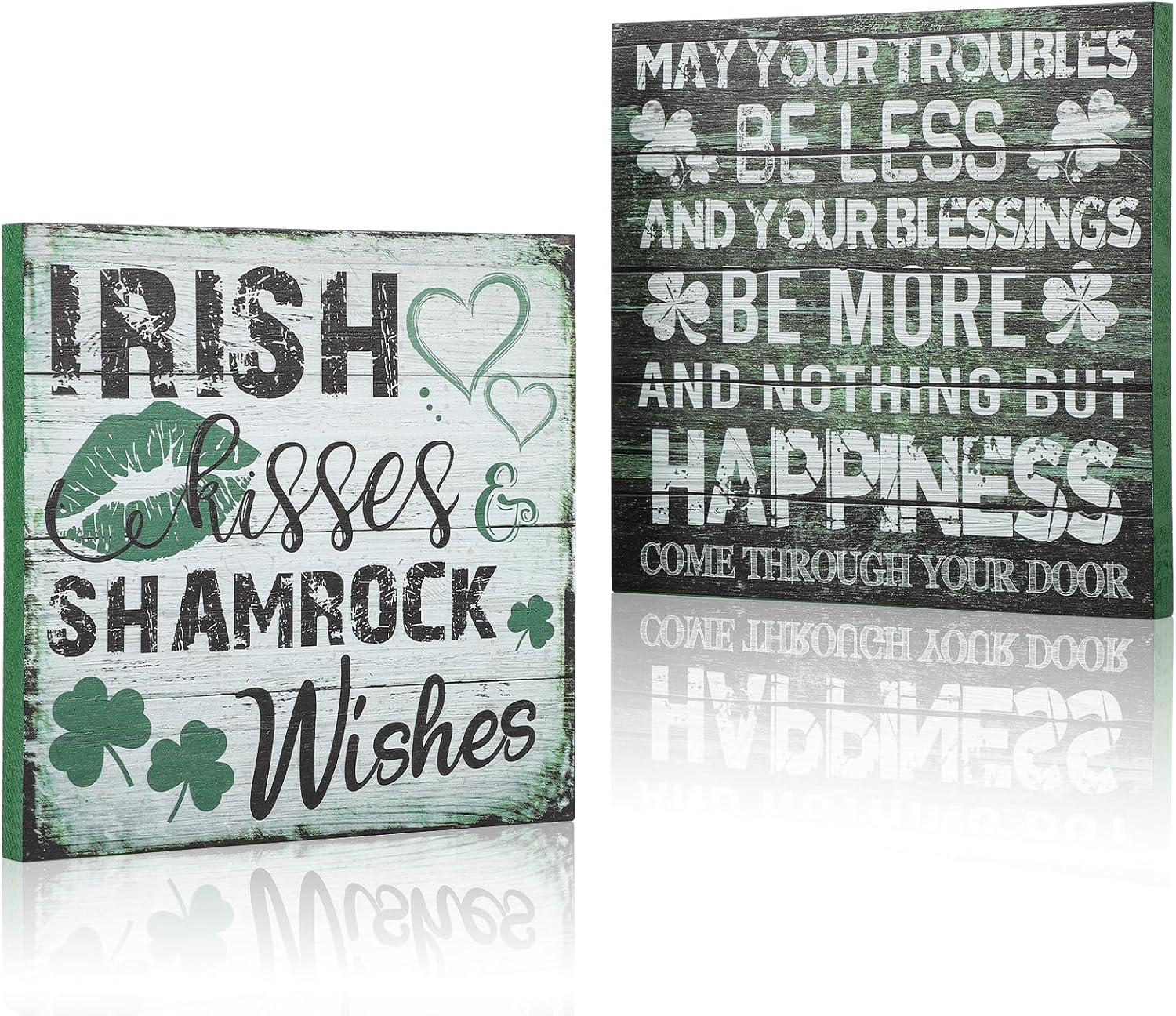 2 Pieces St Patrick's Day Decorations Shamrock Wood Blessing Box Signs Irish Table Decor Wood Block Plaque (7×7 inch, Green 2PCS)