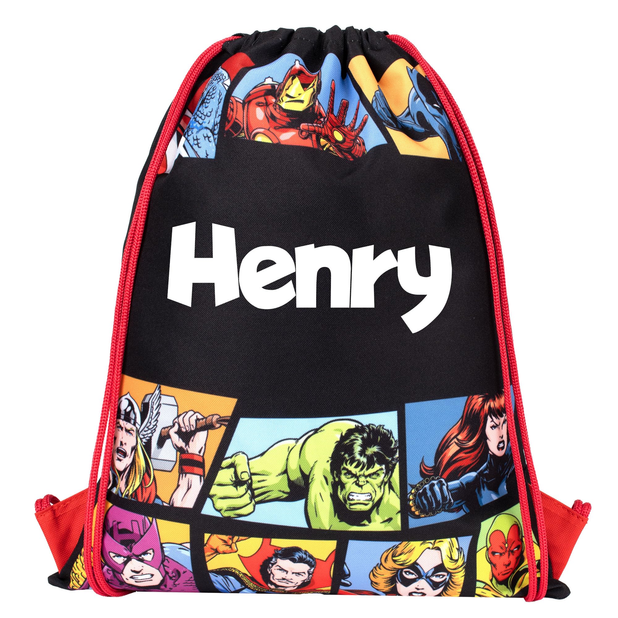 Marvel Avengers Drawstring Bag - Kids Avengers Swimming Backpack - PE KIT Bag for boys & girls - Kids School Rucksack - Personalised Gift For Kids - Black (Black)