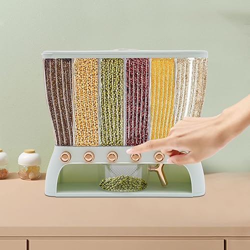 Miniatura 8 de Dispensador de granos de 6 rejillas, dispensador de alimentos secos de grano giratorio de 360, contenedor de almacenamiento de arroz y granos,