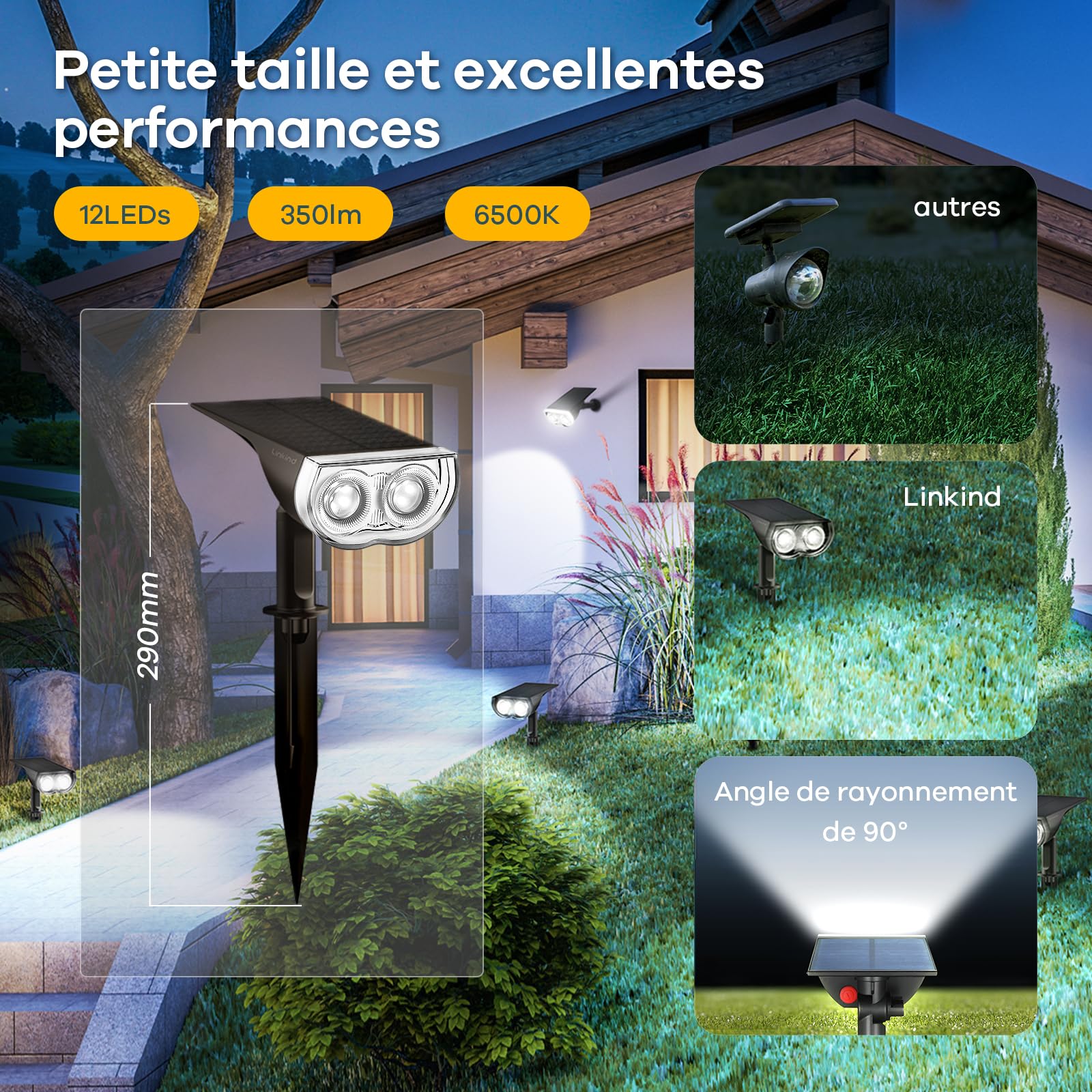 Linkind Spots Solaires Extérieur Jardin, Blanc Froid 6500K, IP67, Lampe de Jardin LED StarRayS, 2 en 1, 4 Pcs