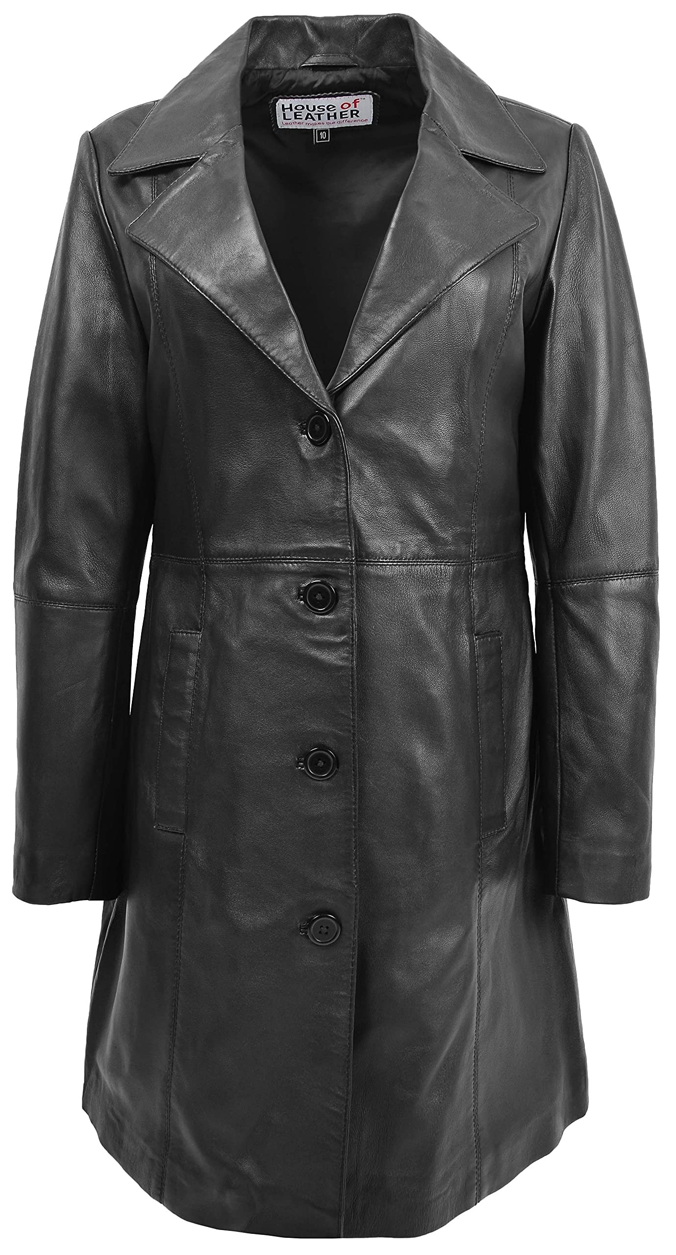 Womens Real Leather 3/4 Length Mac Coat Button Fastening Macey (16, Black)