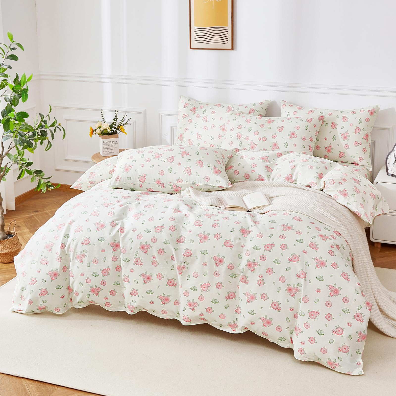 Biancheria da letto con fiori, 220 x 240 cm, in cotone rosa, motivo floreale, morbida, traspirante, 3 pezzi, per ragazze con chiusura lampo e 2 federe da 80 x 80 cm