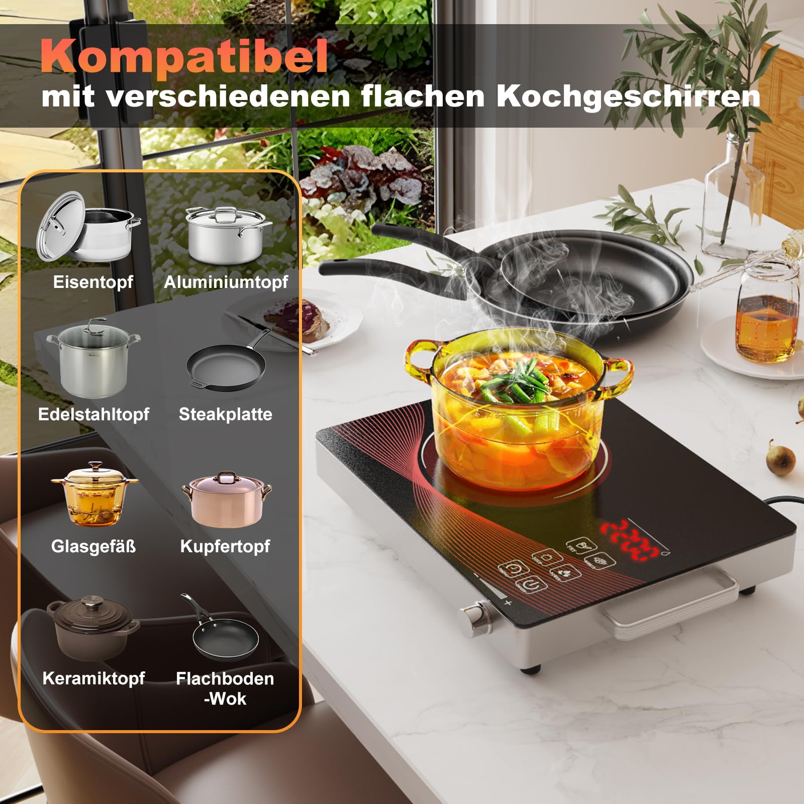 Glaskeramik Kochplatte 1 Platte Tragbar, Keramik Kochfeld Kochplatte 1er, Elektrisch Herdplatte mit Stecker, 18 Leistungsstufen, Timer, Kindersicherung, 2200W, 220-240V