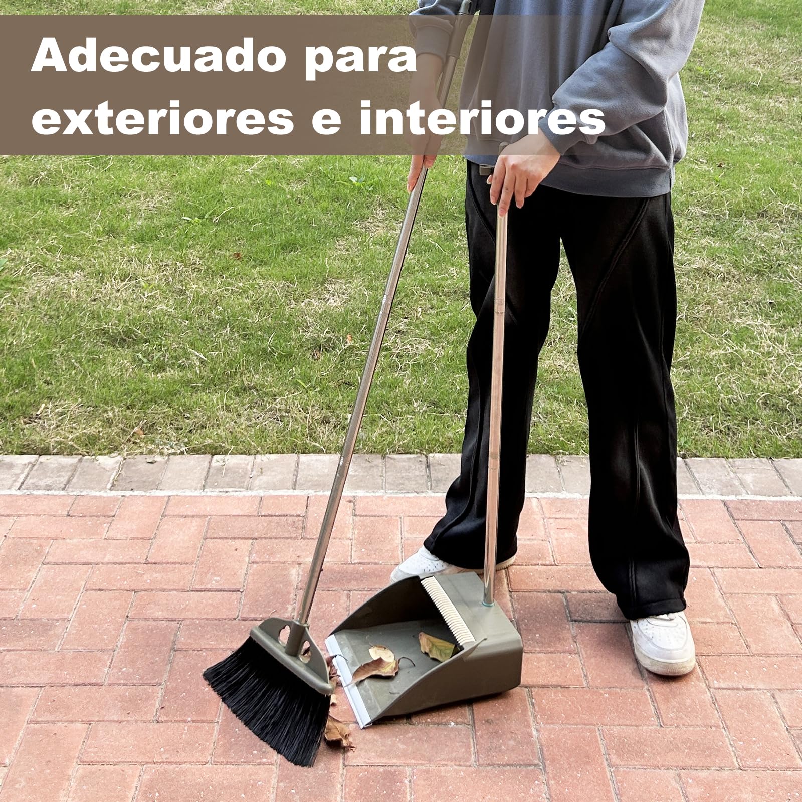 Escoba y Recogedor Cerdas Rígidas Mango Largo 48" para Exteriores e Interiores