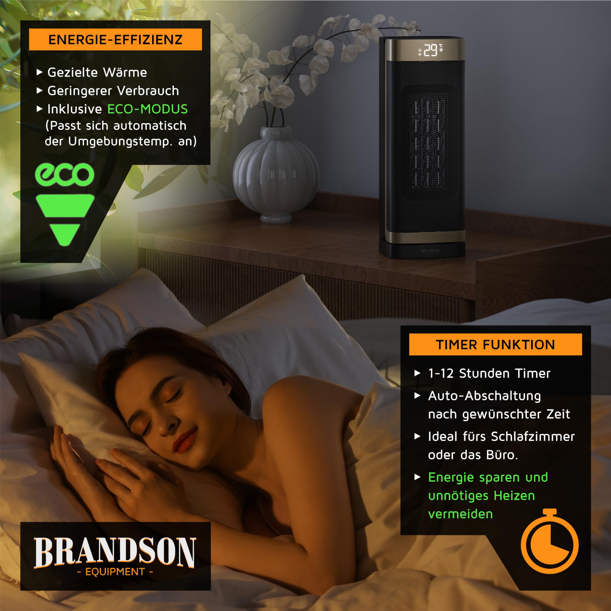 Brandson - Calefactor de bajo consumo silencioso - Oscilación - con mando a distancia - ganador del premio - Modo ECO - 2 niveles - Temporizador - Calentador cerámico - Baño Salón Oficina Habitación