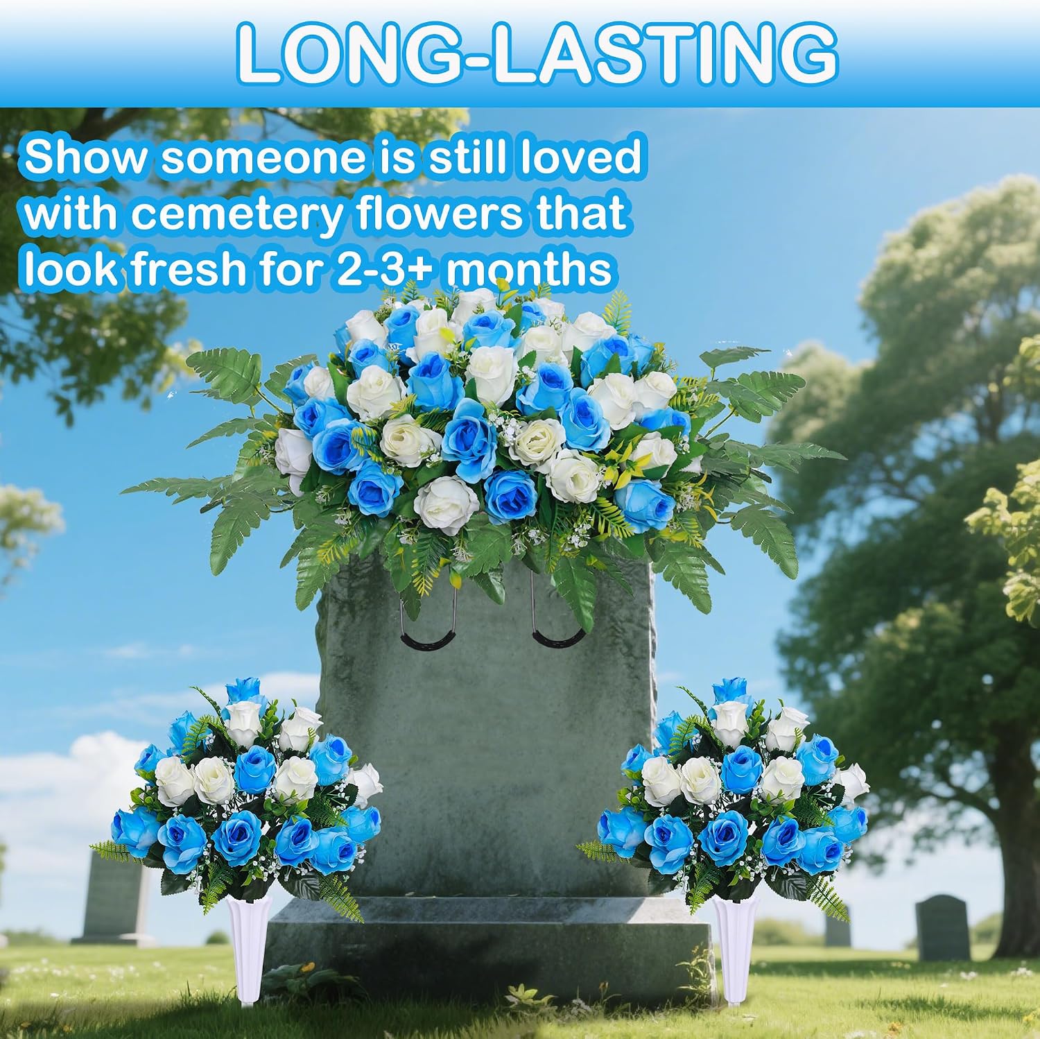 Lodou 3 Pcs Artificial Cemetery Flower Saddles, Rose Headstone Flower Saddle,Cemetery Memorial Flowers with Vase for Outdoor Grave Tombstone Decorations ﻿ (Blue White)