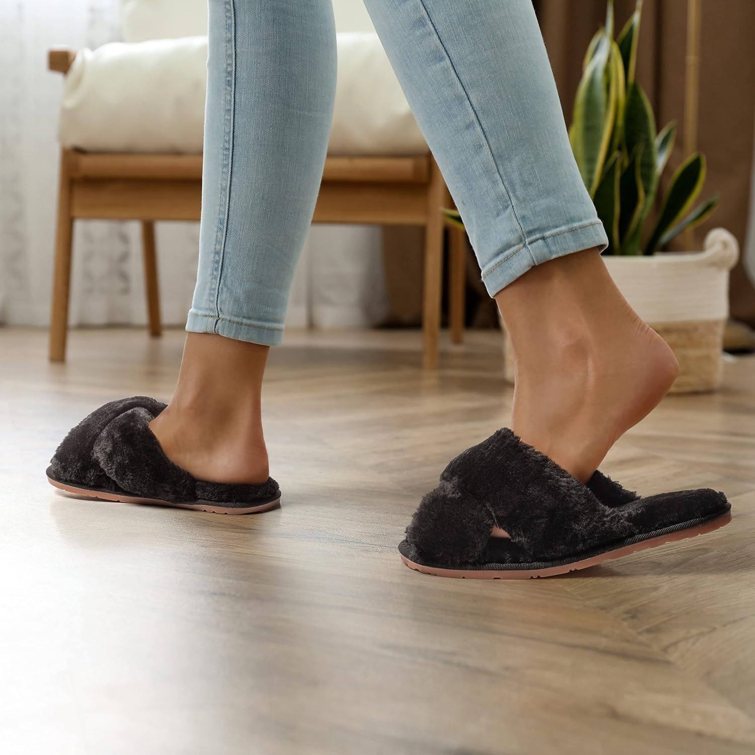Debbie Carroll Women's Cross Band Slippers Soft Plush Furry Cozy Open Toe House Shoes Indoor or Outdoor Faux Rabbit Fur Warm Comfy Slip On Breathable Anti-skid Sole (Black), 7-8 - Image 2