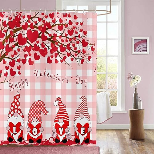 Miniatura 1 de Cortina de ducha de gnomos de San Valentín, diseño de búfalo rosa, diseño de árbol de corazón rojo, lindo gnomo, cortina de baño, decoración del