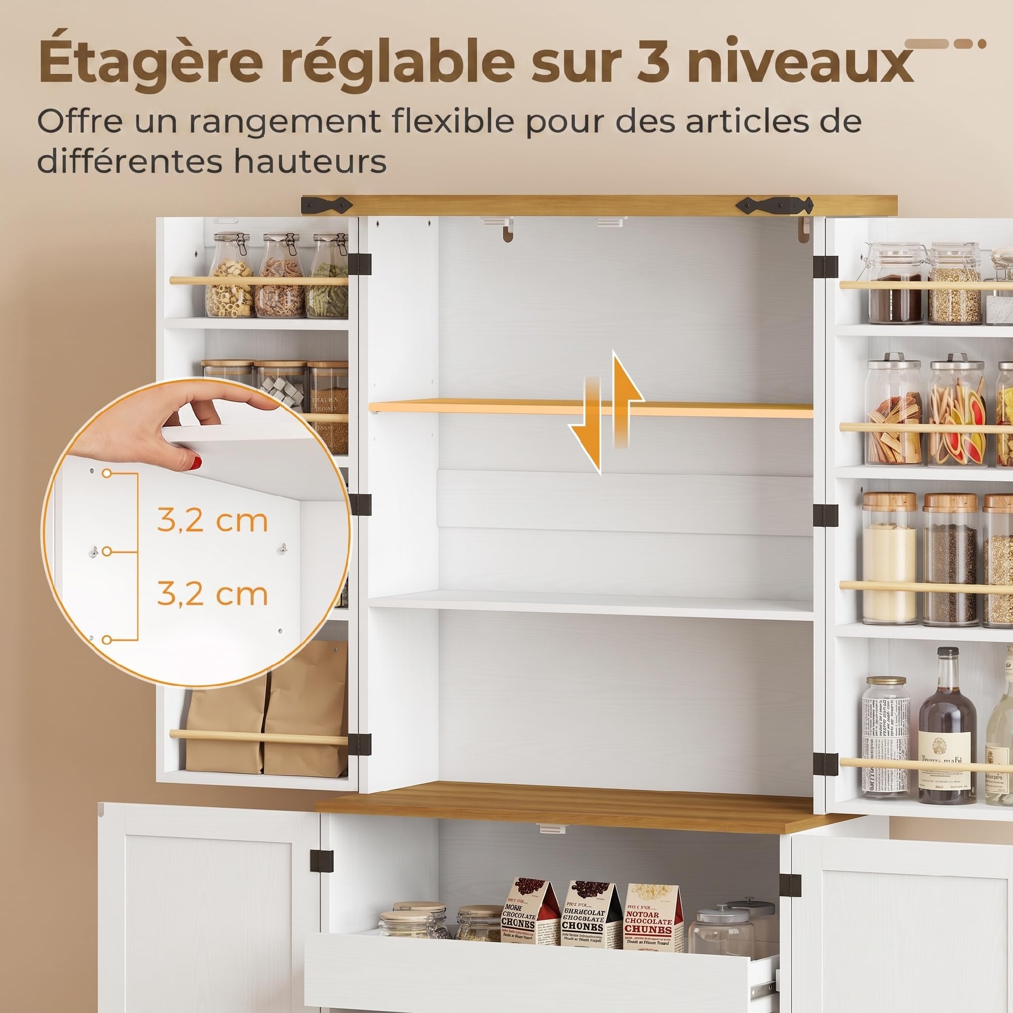 HOMCOM Buffet Haut Cuisine Armoire de Cuisine 4 Portes 76x40x182cm Blanc | Vaisselier, 3 Tiroirs, 8 Porte-Racks, Étagères Réglables, Style Rustique, Meuble de Rangement Salon, Salle à Manger