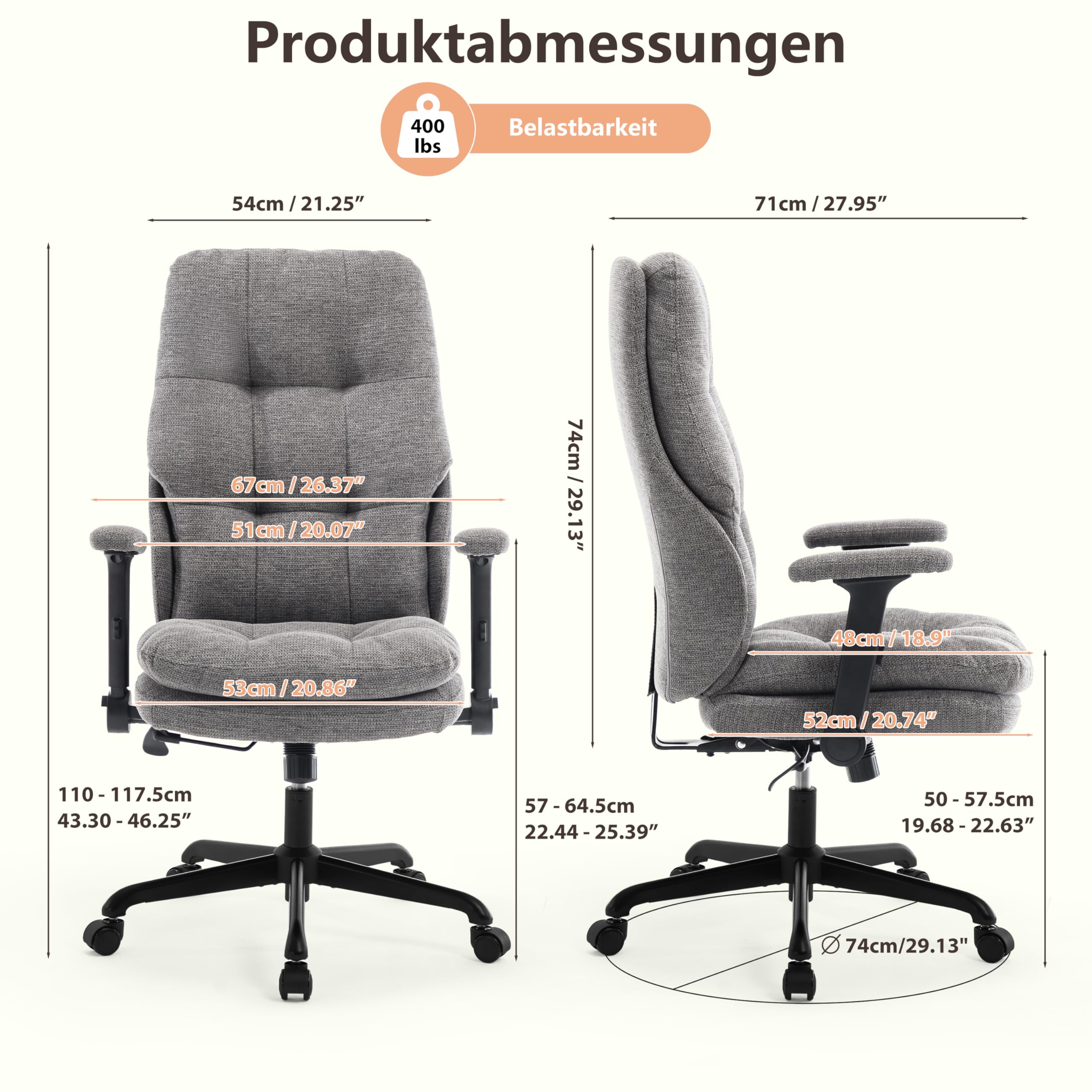 Fizzin Grau Ergonomischer Bürostuhl Chefsessel | Hohe Rückenlehne, Doppelkissen-Armlehnen, umkehrbar & höhenverstellbar Computerstuhl für Büro und Homeoffice