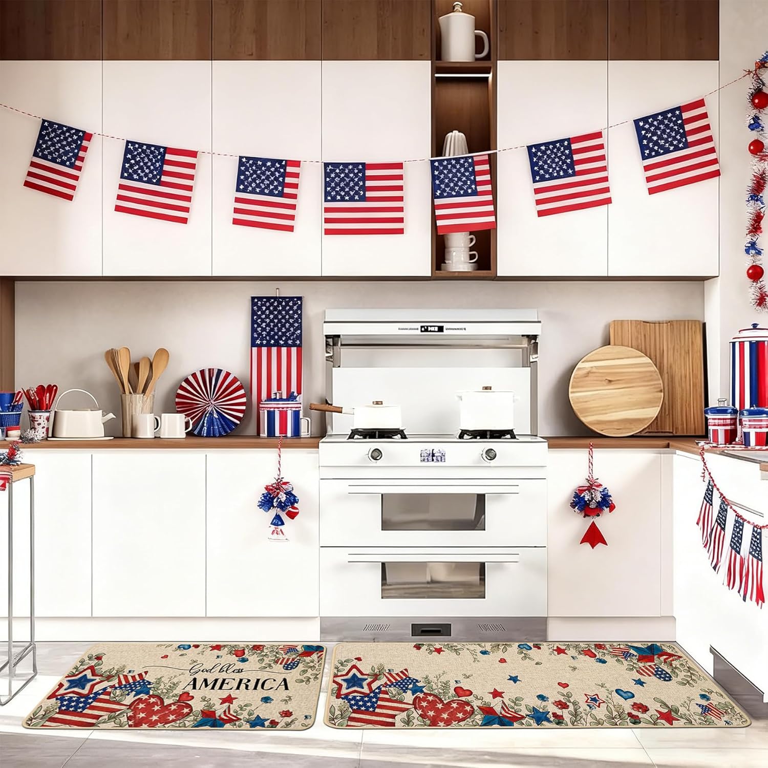 Baccessor Patriotic Kitchen Rugs Set of 2, Memorial Day 4th of July Independence Day Star Floral Kitchen Mats for Floor Low-Profile Holiday Home Decor 17x29 and 17x47 Inch