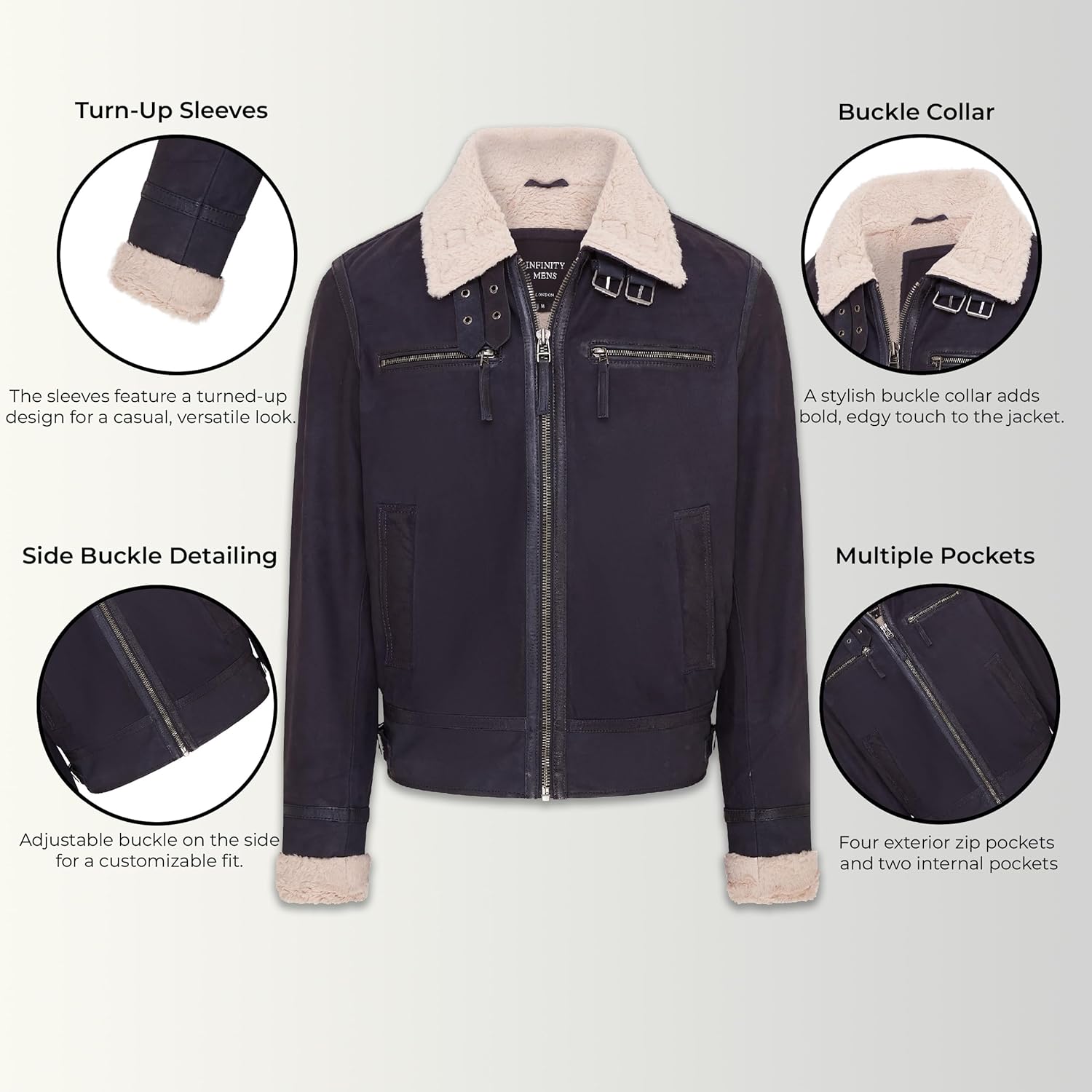 Infinity Leather Mens Genuine Sheep Suede Bomber Aviator Jacket with Fur Lining