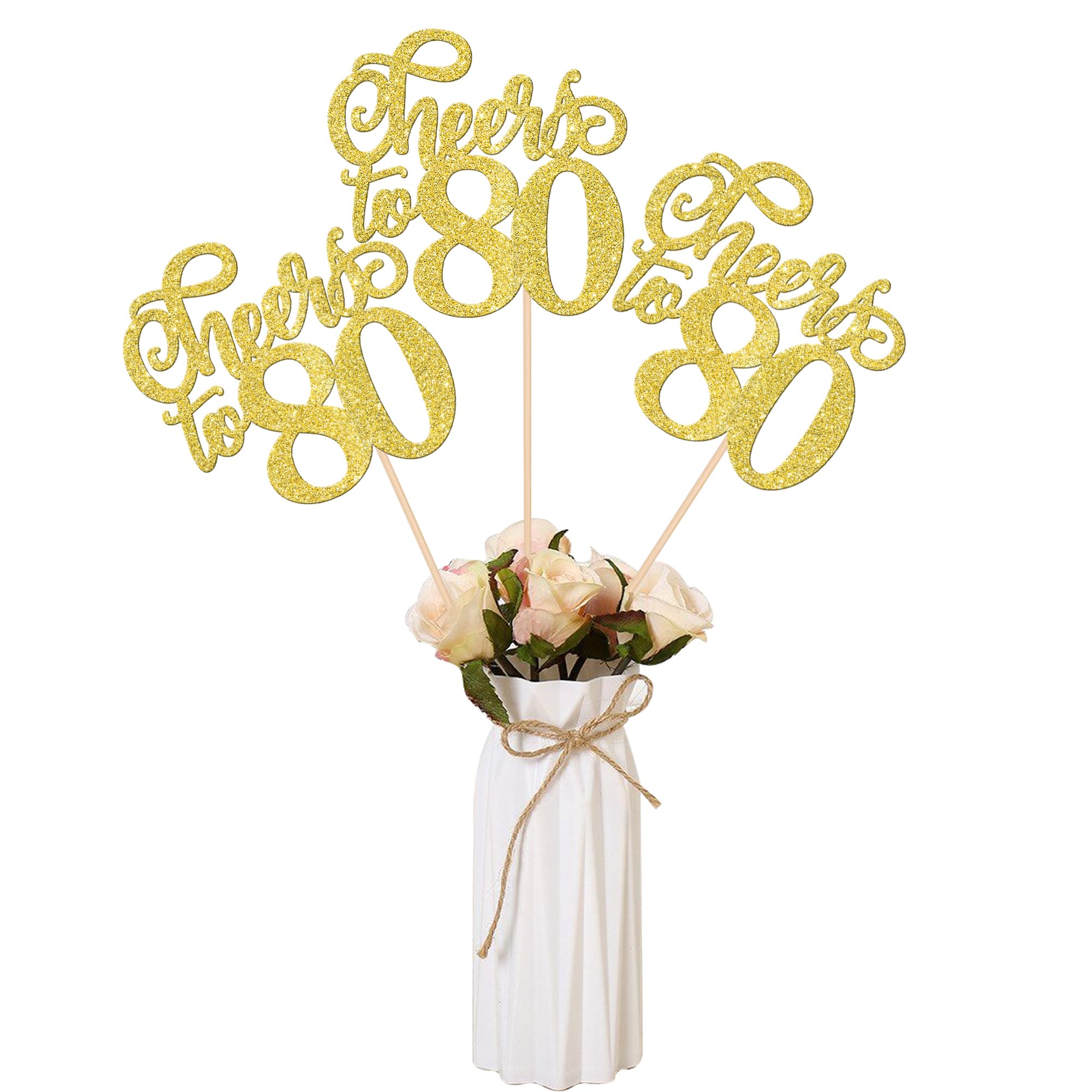 12 PCS Cheers to 80 Centerpiece Sticks Double Sided Glitter 80th Birthday Cake Toppers Number 80 Centerpieces Table Flower Topper Decorations for 80th Birthday Party Centerpiece Supplies Gold