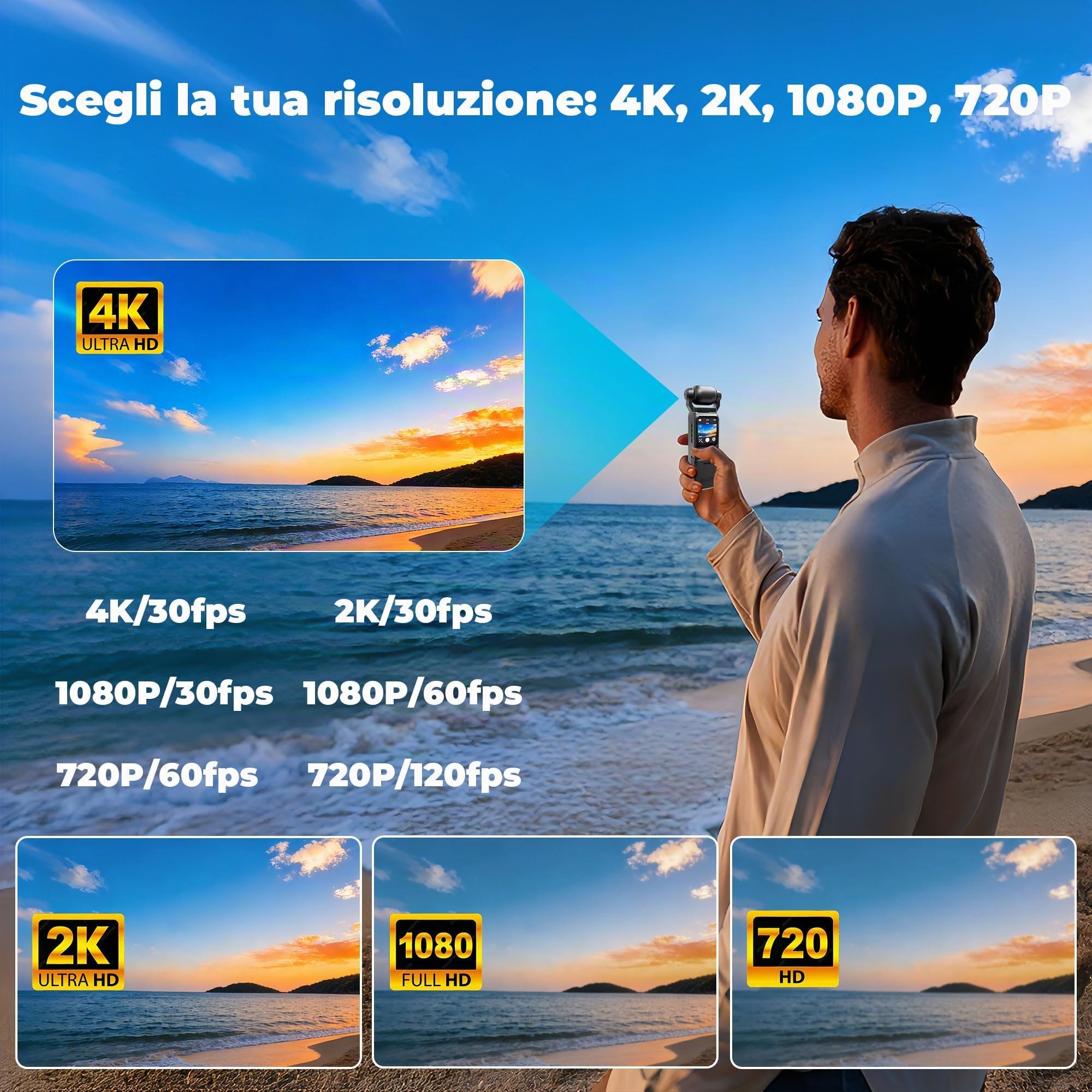 Body Cam 4K, Vlog Camera con Stabilizzazione, Action Cam | Videocamera per Vlogging con Scheda SD da 64 GB, Multifunzione Fotocamera POV per Viaggi, Mini Telecamera Videocamera