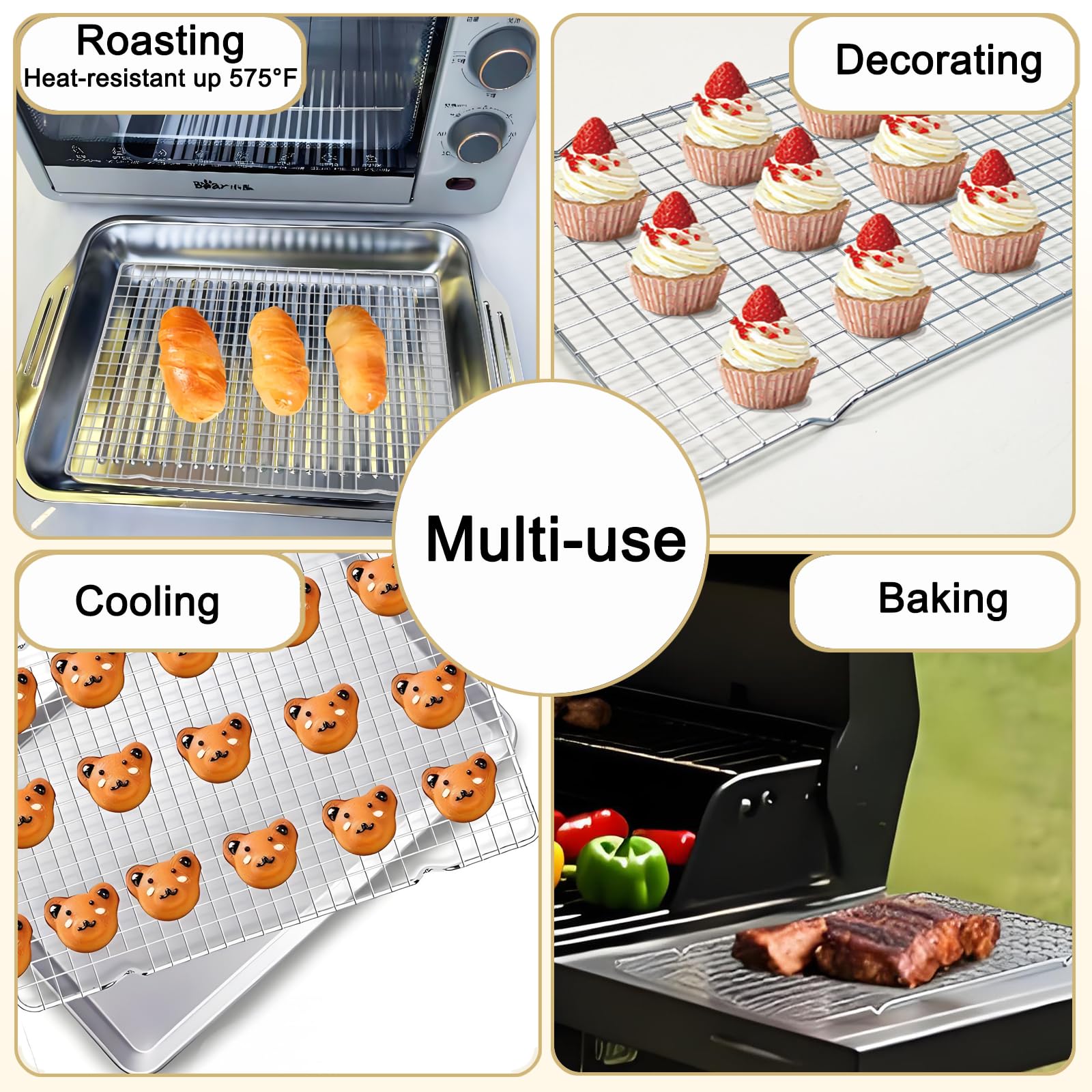 Griglia di raffreddamento per cucinare e cuocere – 20,3 x 28,9 cm, set di 2 griglie in acciaio inox, adatte al forno