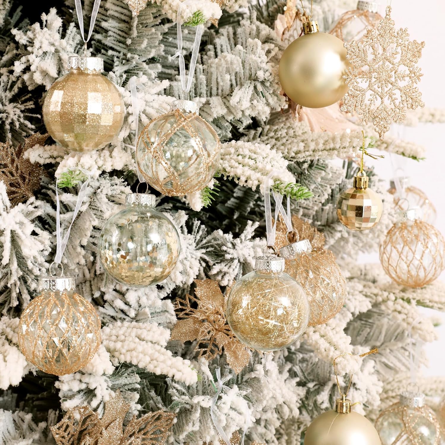 CristBest 30ct Christmas Ball Ornaments-60mm/2.36" Shatterproof Clear Plastic Xmas Balls Baubles Set with Stuffed Delicate Sparkling, Hanging Christmas Tree Decorations(Champagne Gold)