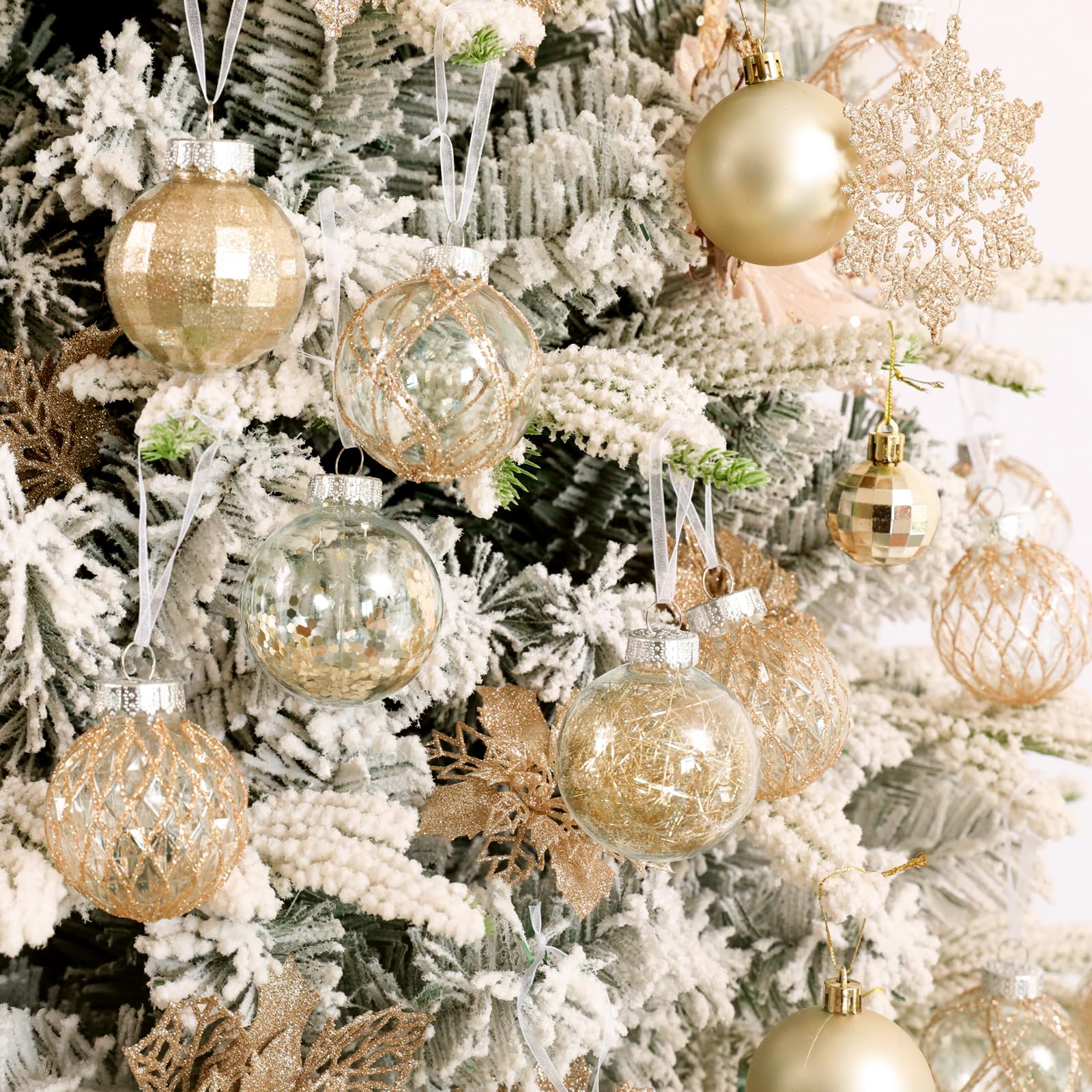 Juego de 30 Bolas de Navidad de plástico Transparente inastillables de 2.36 Pulgadas con Relleno Delicado Brillante, Decoraciones Colgantes para árbol de Navidad (Oro champán)