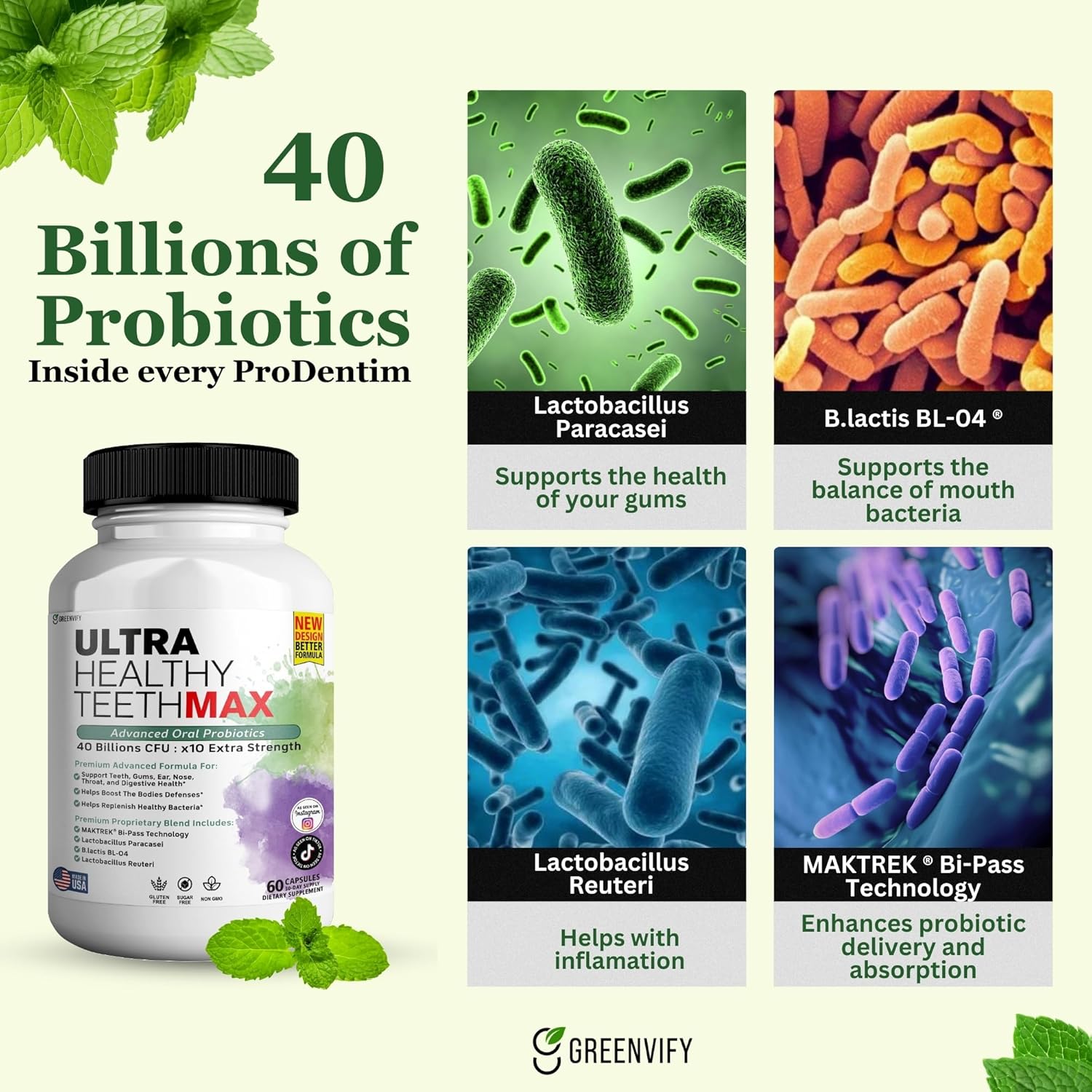 Ultra Healthy Teeth Max Probiotic Supplement, 40 Billion CFU, 60 Capsules, Advanced Oral Health (1)