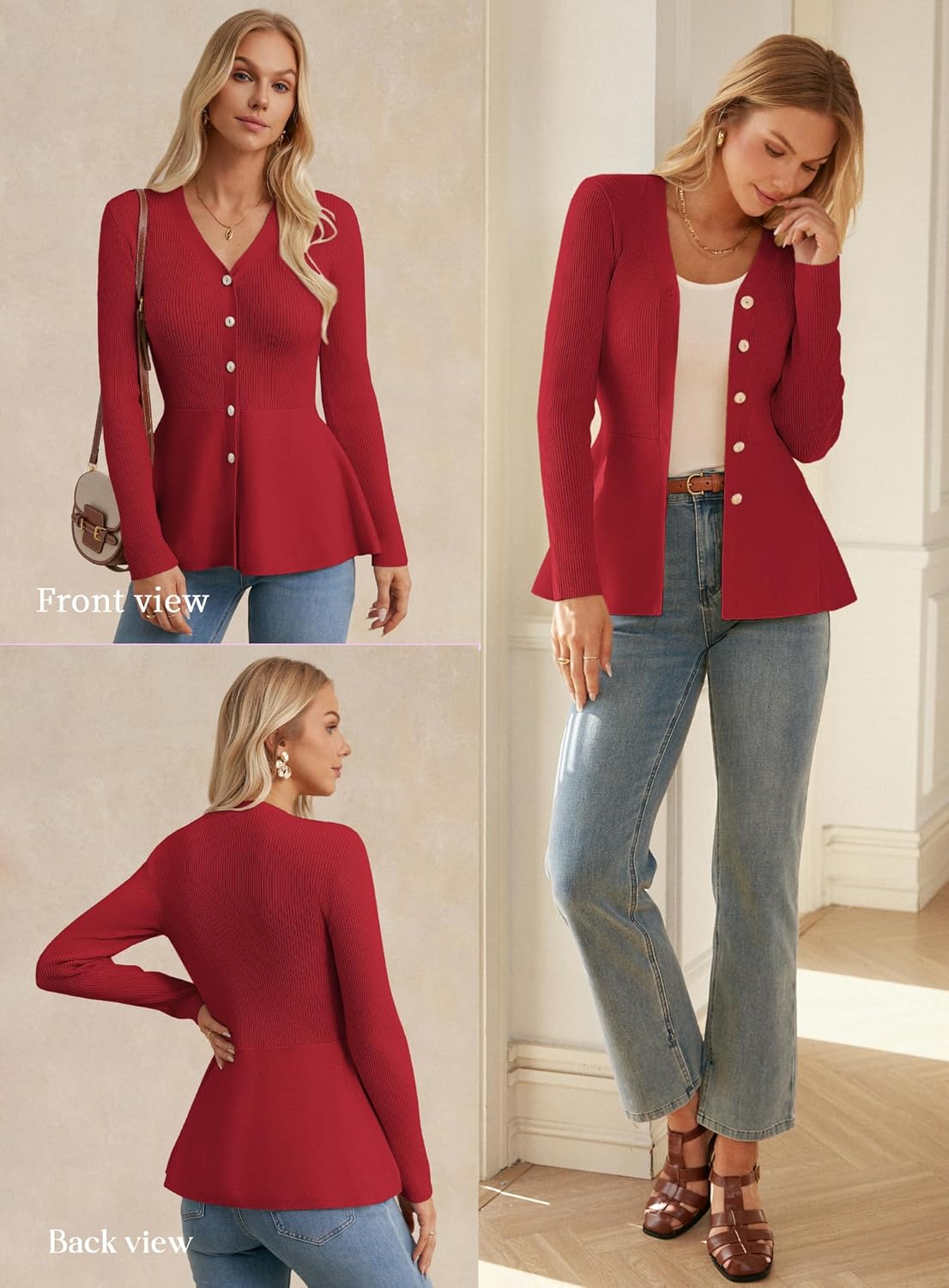 GRACE KARIN Long Sleeve Cardigan Sweaters for Women, Button Up Knit Blazer, Lightweight Business Casual Peplum Tops - Image 3