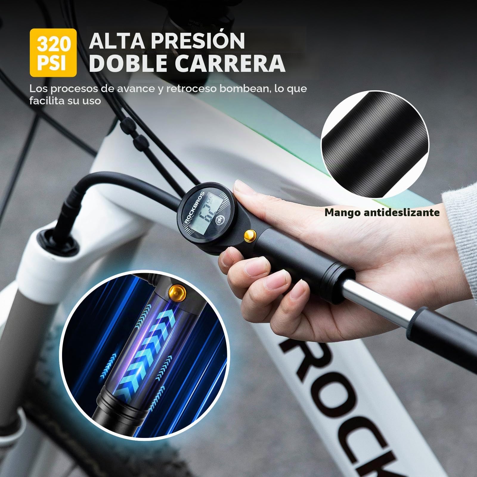 ROCKBROS Bomba de Aire Bicicleta Inflador Bicicletas 320PSI Adaptador Válvulas Presta y Schrader Mini Bomba para Bicicleta con Manómetro Electrónico para MTB BMX Bicicleta Carretera