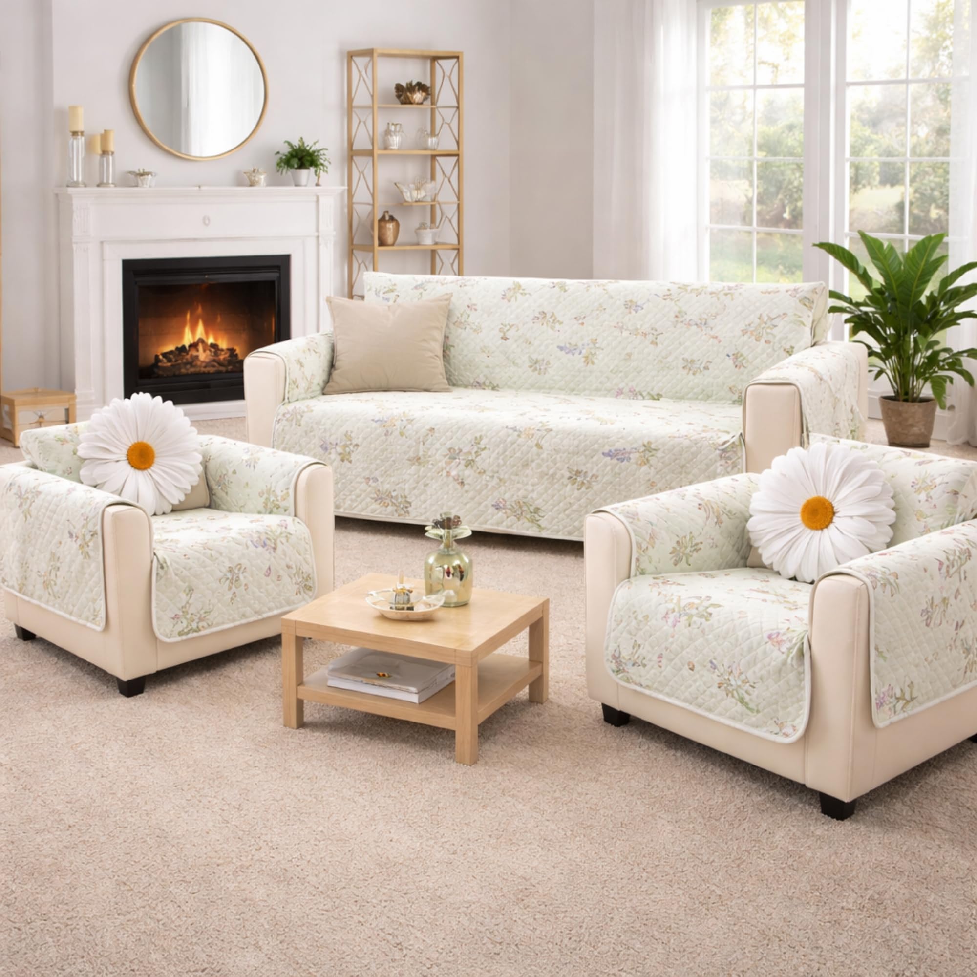Outlay Home Quilted Sofa Cover 5 Seater | Sofa Cover with Pockets | Microfiber Sofa Cover | 3+1+1 Seater Sofa Cover with Pockets | Sofa Protector Cover for Living Room (Green Flower)