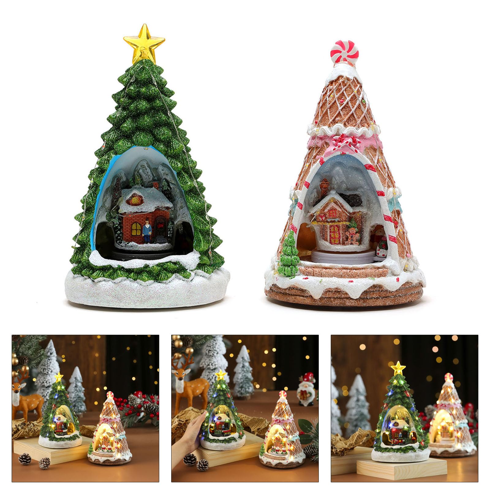 Carillon a forma di albero di Natale, con treno, in resina, con luci a LED, per uomini, donne, bambini, regalo di compleanno, villaggio, edificio in resina con luci a LED