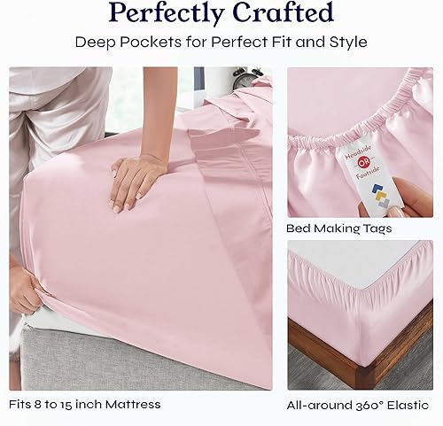 Vista 183 de Juego de sábanas de 400 hilos y 6 piezas, tamaño King, con 4 fundas de almohada, ropa de cama de 100 % algodón con tejido satinado, color azul 12